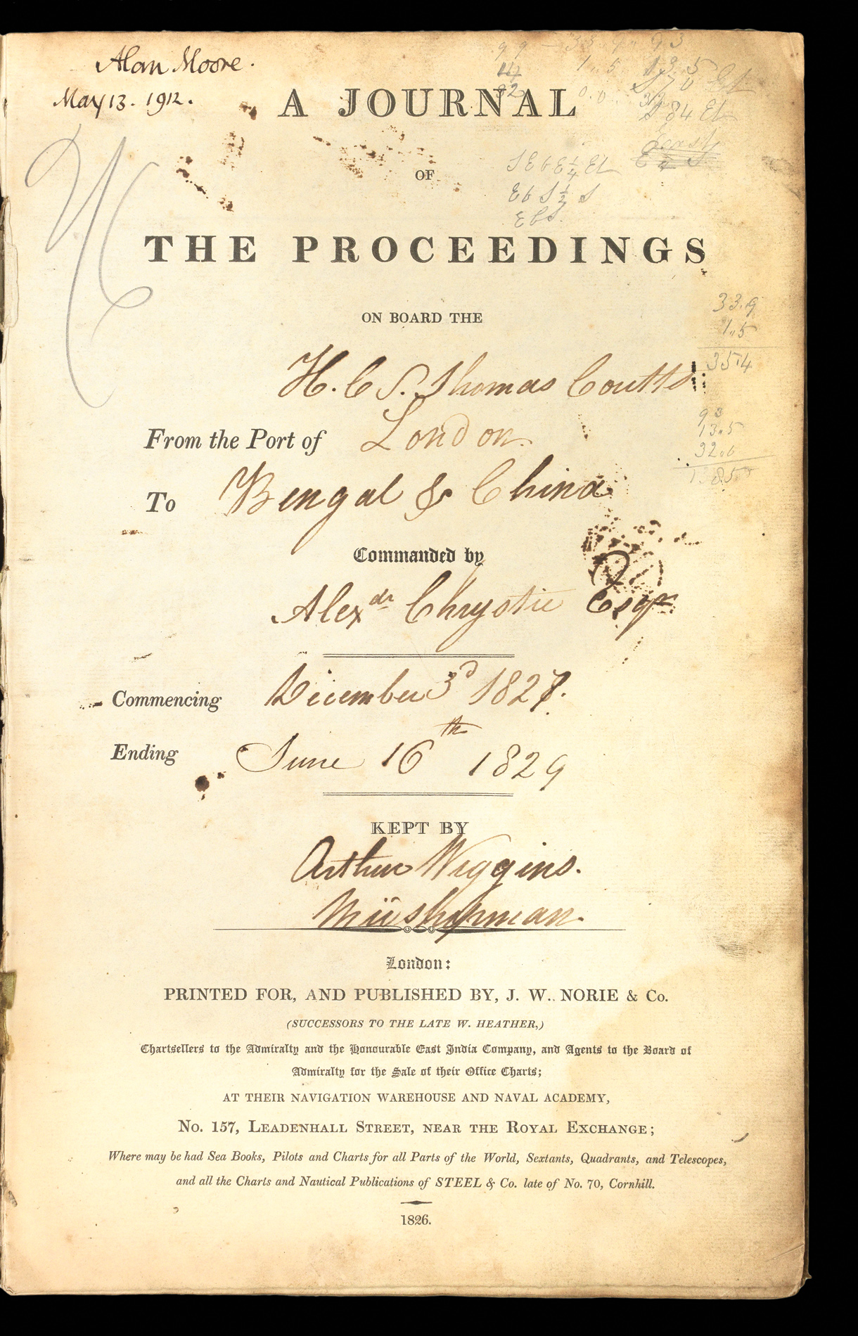 WIGGINS, Arthur A Journal of the Proceedings on Board the H.C.S. Thomas Coutts
