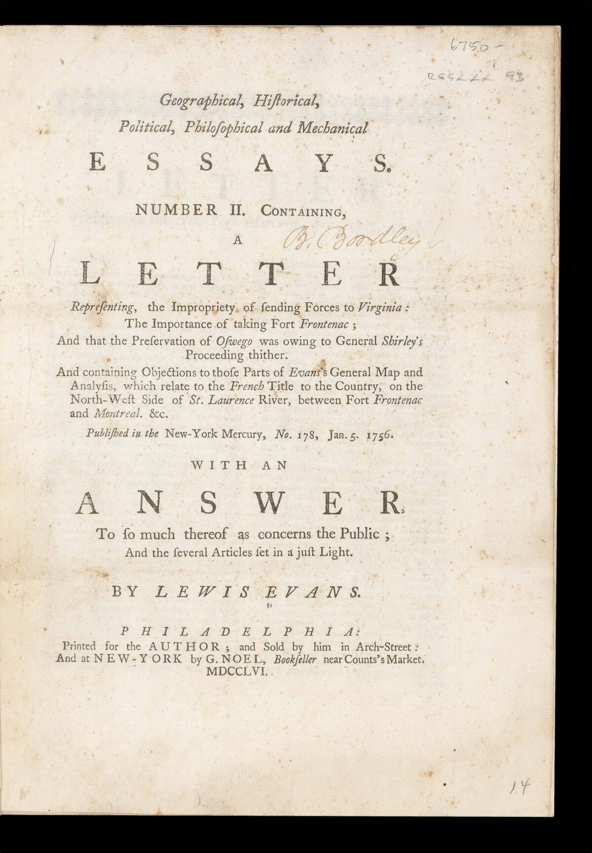 EVANS, Lewis Geographical, Historical, Political, Philosophical and Mechanical essays.