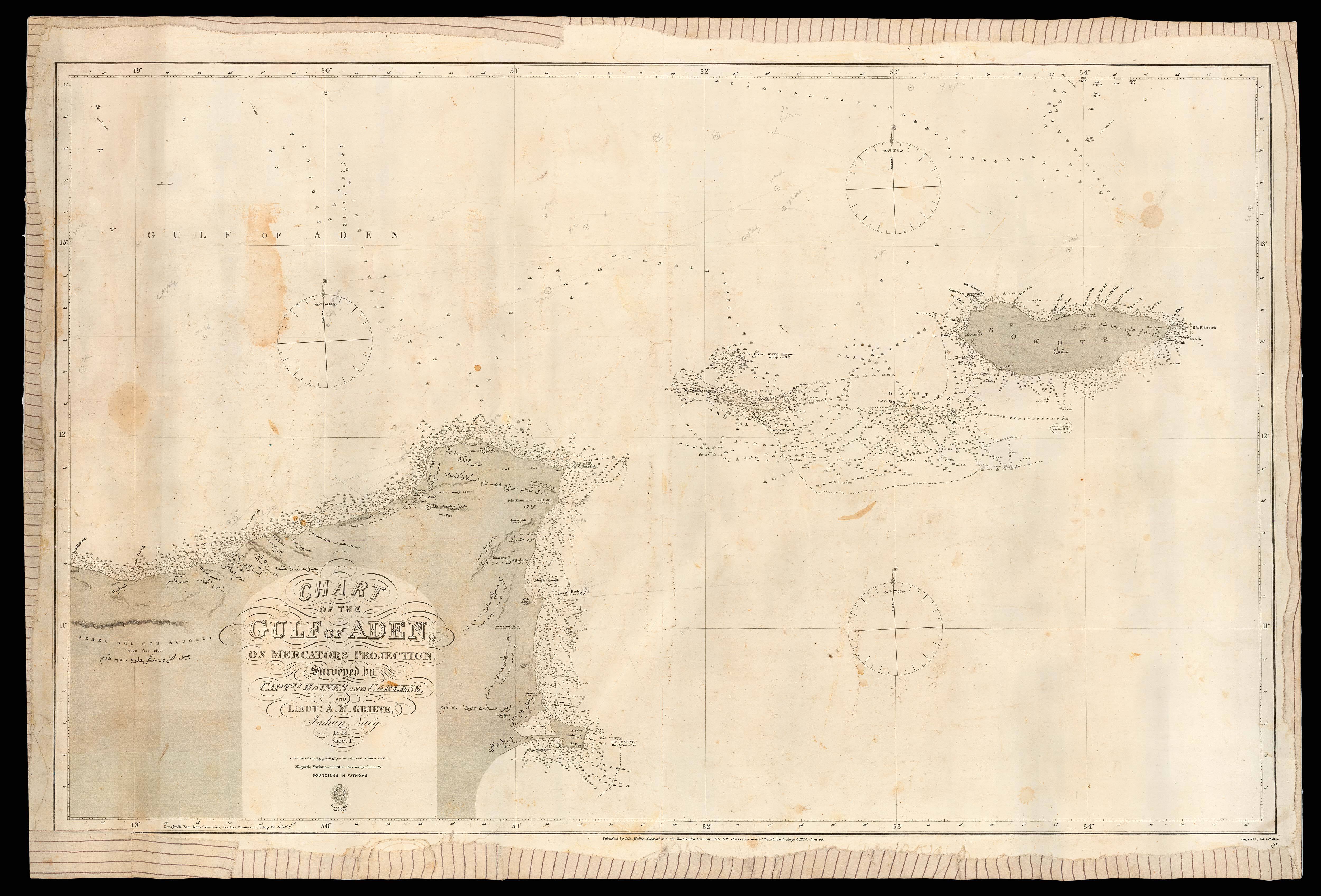 HAINES, Captain [Stafford Bettesworth]; Lieutenant CARLESS; and Lieutenant A. M. GRIEVE Chart of the Gulf of Aden on Mercator's Projection