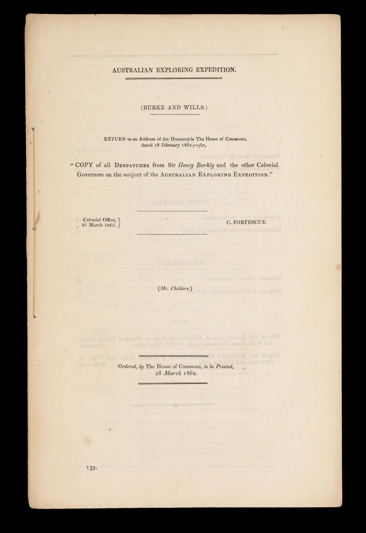 MCKINLAY, John; BURKE, Robert O'Hara; and William John WILLS Map of the Eastern Part of Australia.