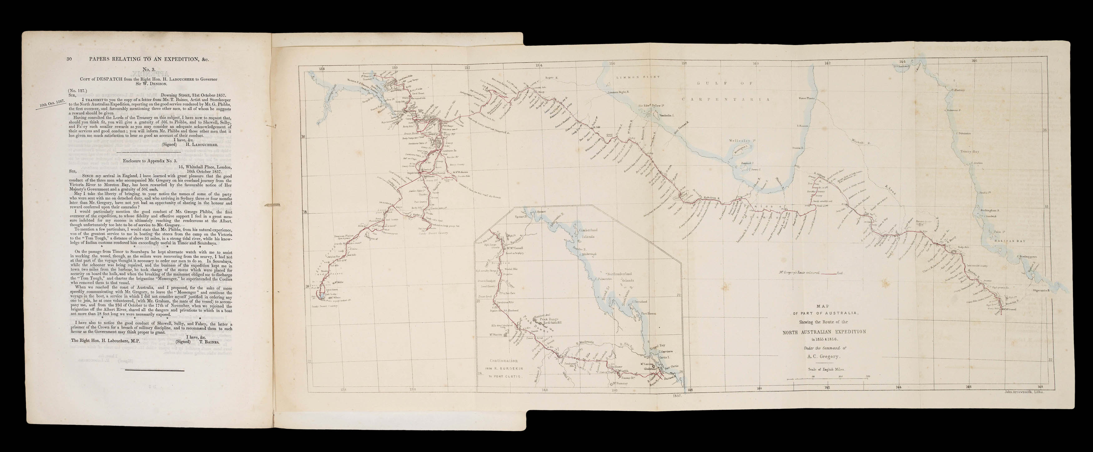 GREGORY, Augustus Charles; and John ARROWSMITH Map of part of Australia, Shewing the Route of the North Australian Expedition in 1855 & 1856.