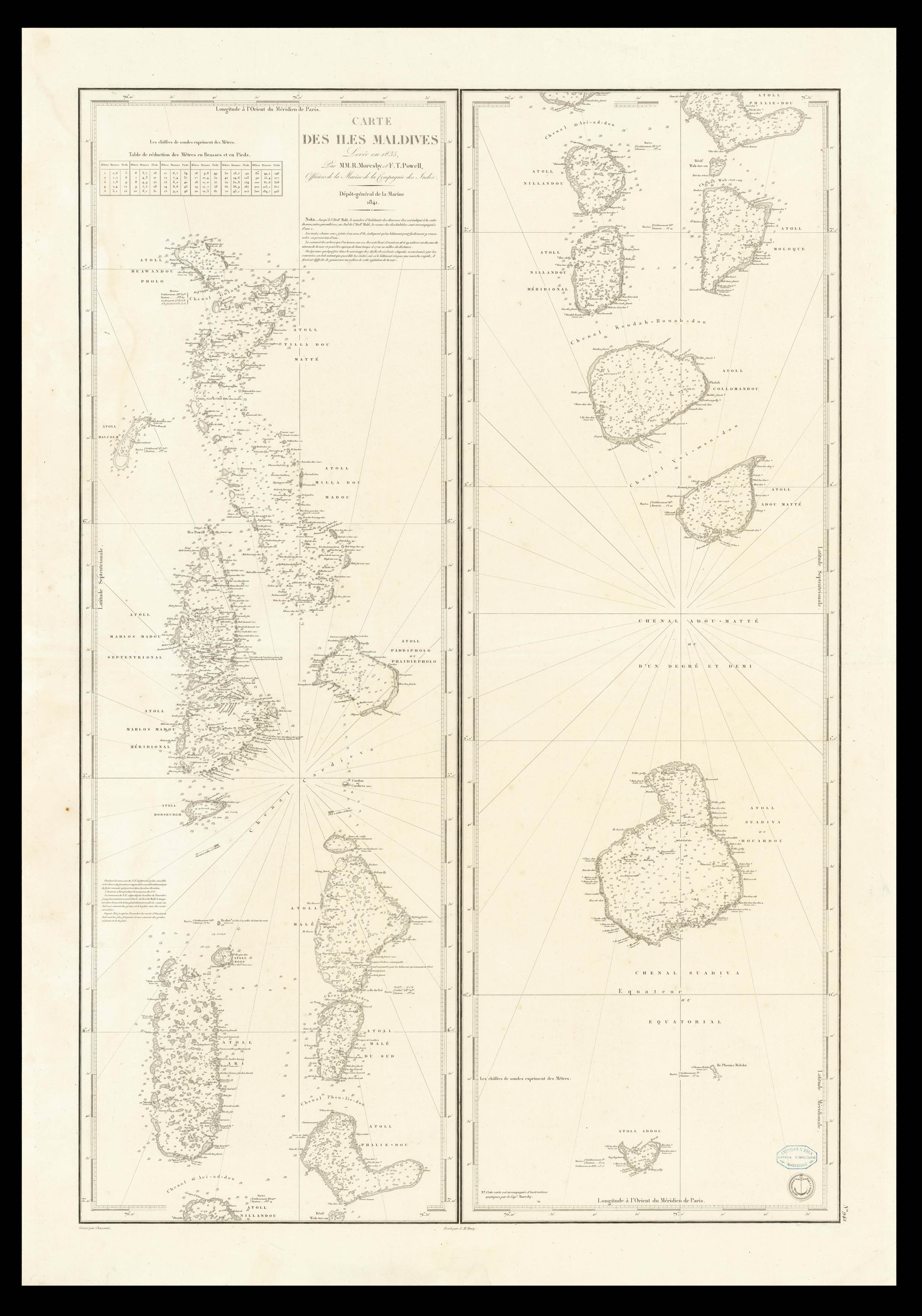 MORESBY, Robert Carte Des Iles Maldives Levee en 1835, Par M.M. R. Moresby et. F.T. Powell,