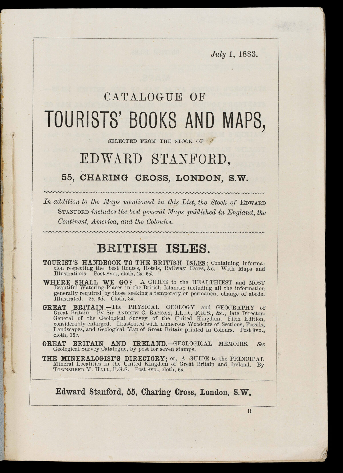 STANFORD, Edward Catalogue of Maps and Books for Tourists.