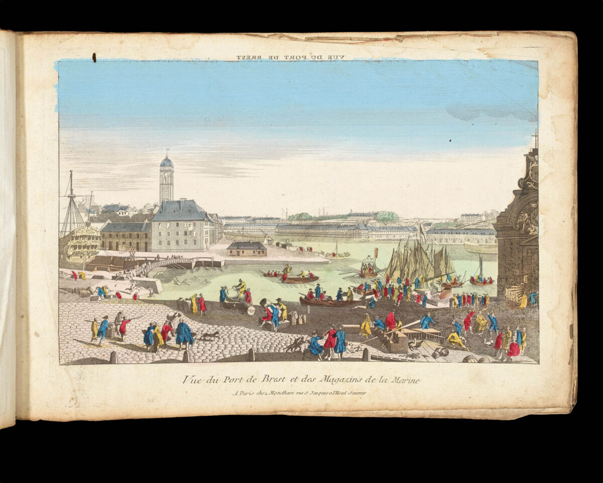 [Publishers BASSET, André Basset, DAUMONT, Jean-Francois, HUQUIER, Jacques-Gabriel Huquier, MAILLET, Nicolas Langlois, MONDARE, Louis Joseph Mondhare, and others]. [Zograscope together with an album of 199 vues d'optique].