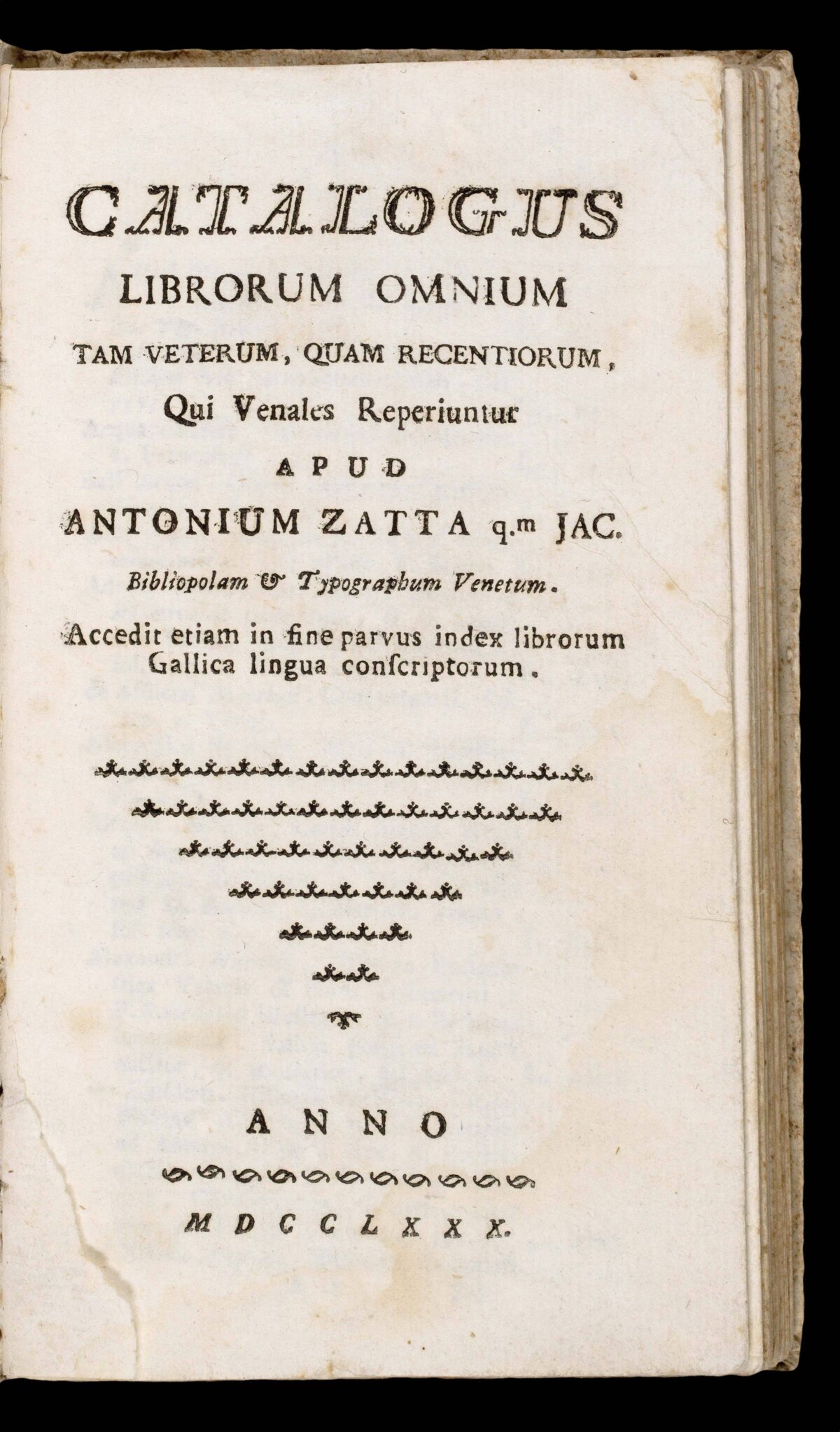 ZATTA, Antonio Catalogus librorum omnium tam veterum, quam recentiorum,