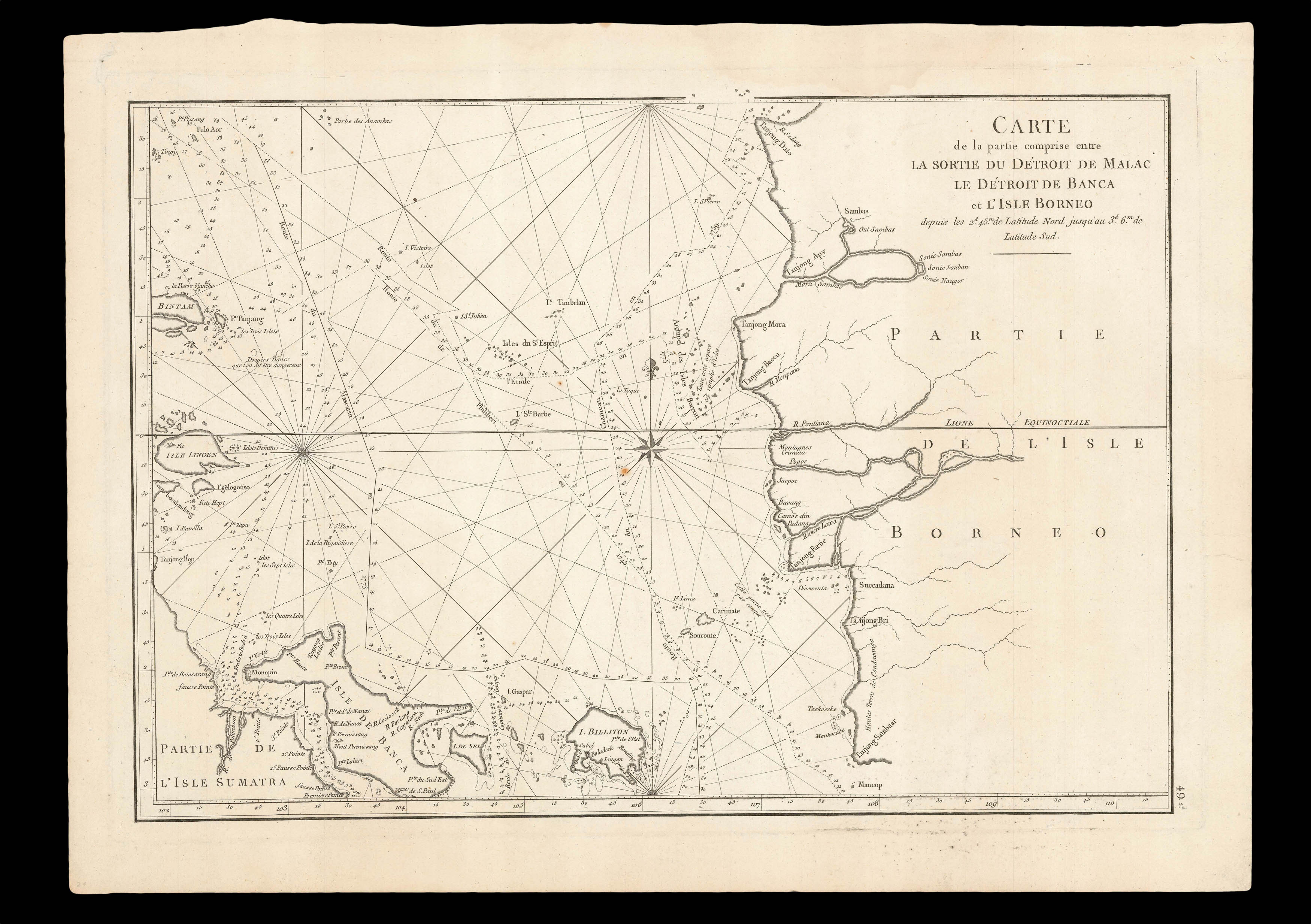 D'APRES DE MANNEVILLETTE, Jean-Baptiste Nicolas Denise Carte de la partie comprise entre la Sortie du Detroit de Malac le Detroit de Banca e l'Isle Borneo...