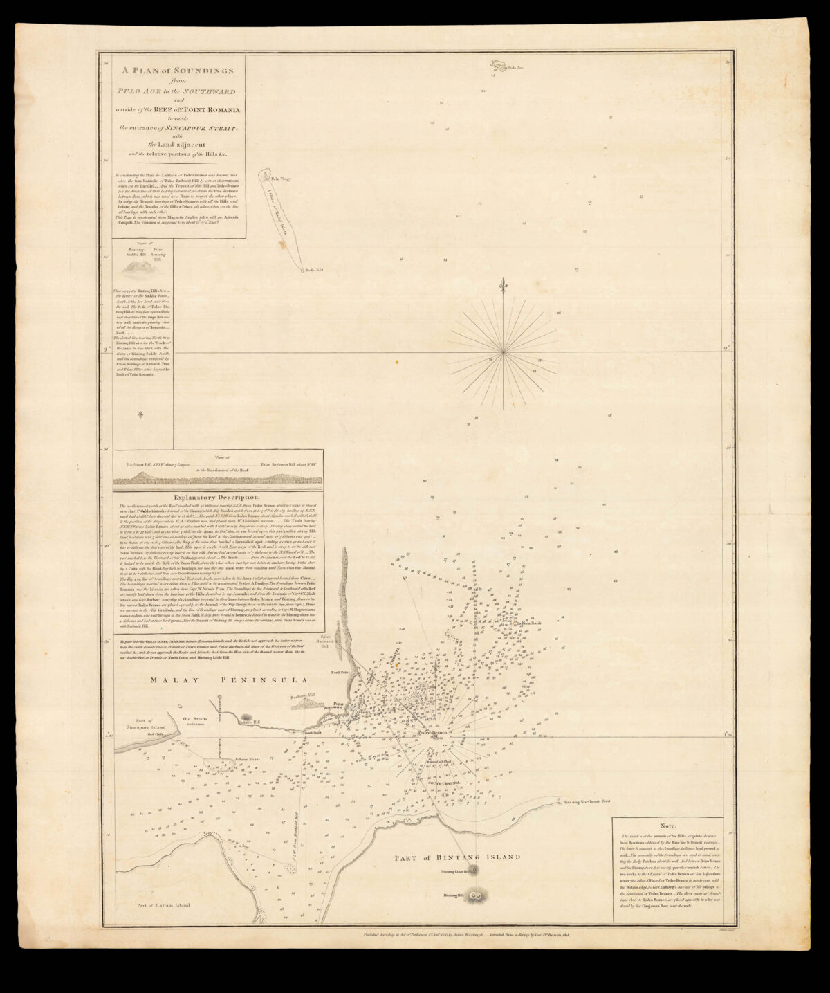 HORSBURGH, James A Plan of the Soundings from Pulo Aor to the Southward and outside of the Reef off Point Romania towards the entrance to Sincapour Strait,