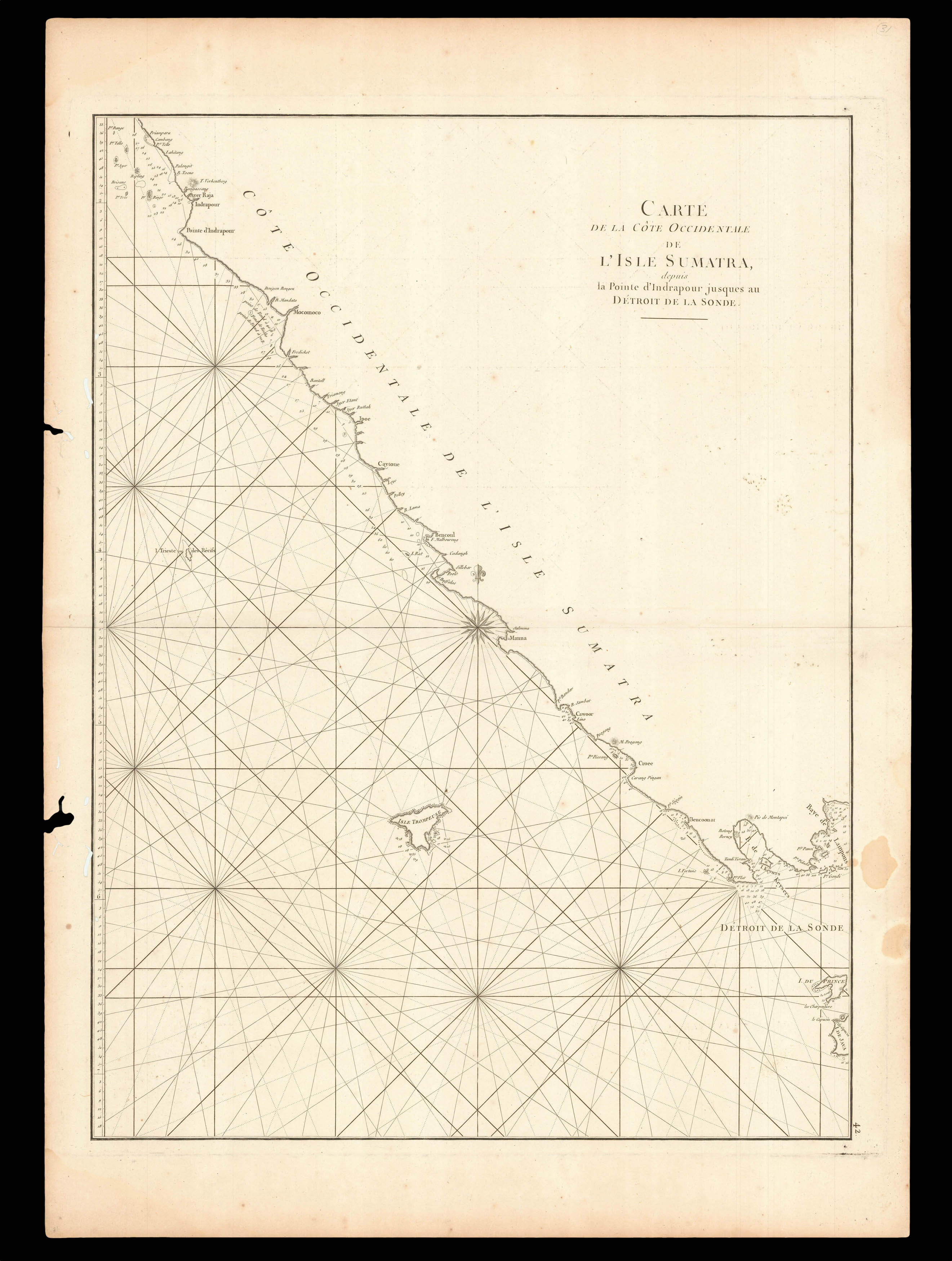 D'APRES DE MANNEVILLETTE, Jean-Baptiste Nicolas Denise Carte de la Cote Occidentale de l'Isle Sumatra, depuis la Pointe d'Indrapour jusques au Detroit de la Sonde.