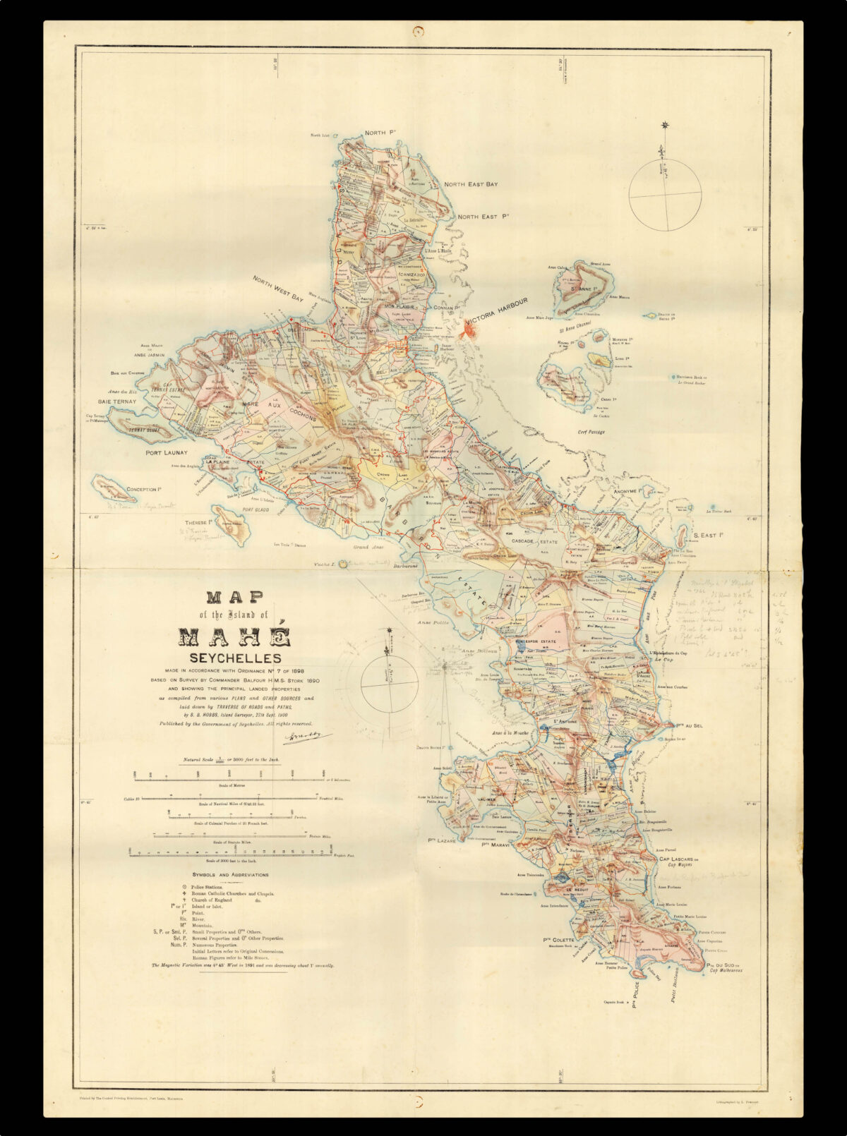 HOBBS, S.B. Map of the Island of Mahé Seychelles.