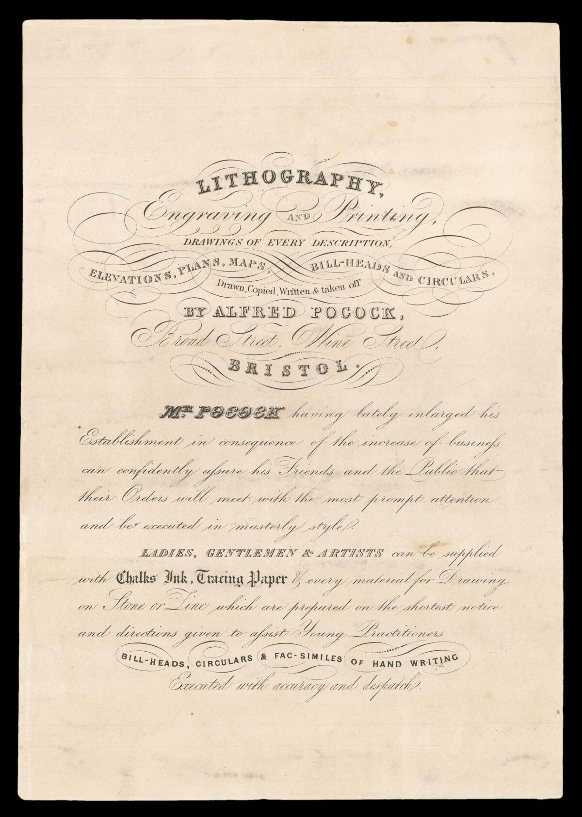 POCOCK, Alfred Lithography, Engraving and Printing, Drawings of Every Description,  Elevations, Plans, Maps,