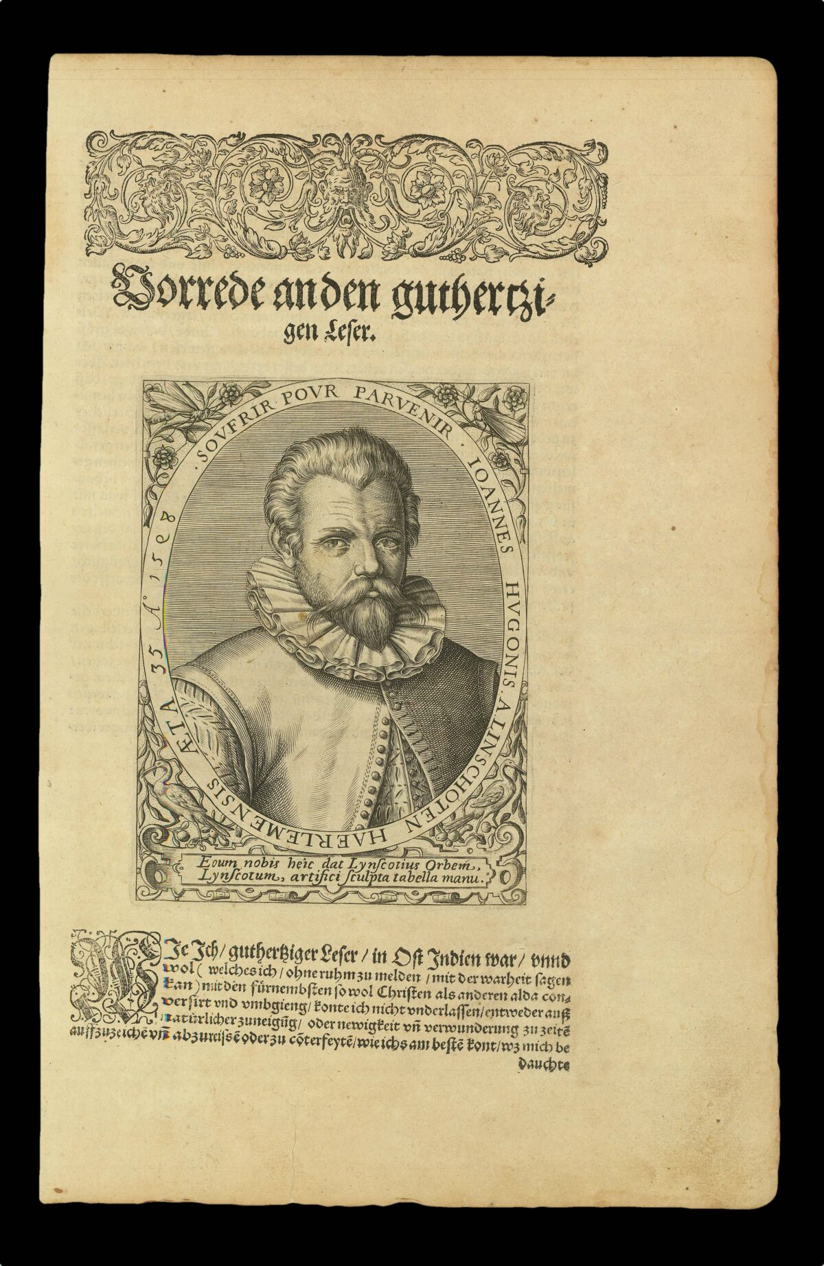 [BRY, Theodor de] Soufrir por parvenir. Ioannis Hugonis a Linschoten Haerlememsis Æta 35 Aº 1598.