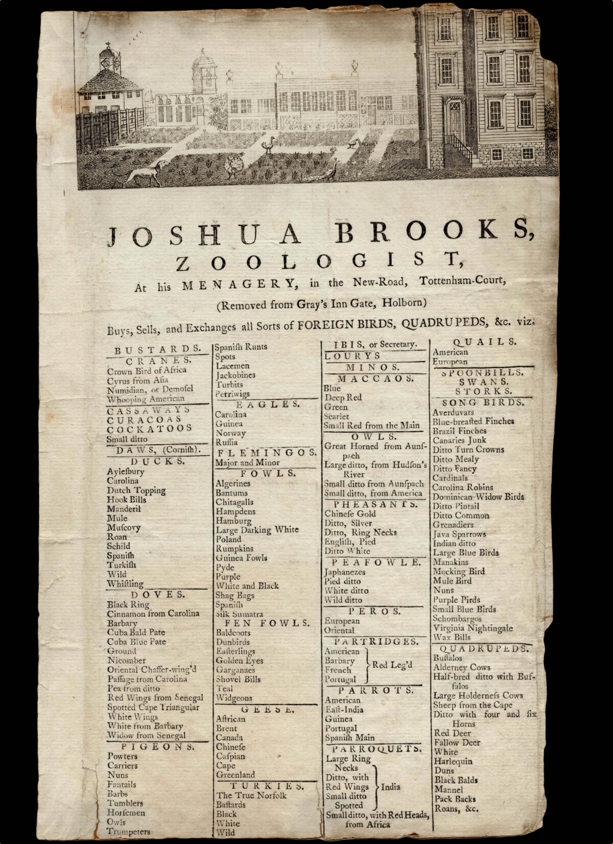 BROOKES, Joshua Joshua Brooks [sic], Zoologist, at his Menagery, in the New-Road, Tottenham–Court (Removed from Gray's Inn Gate, Holborn).