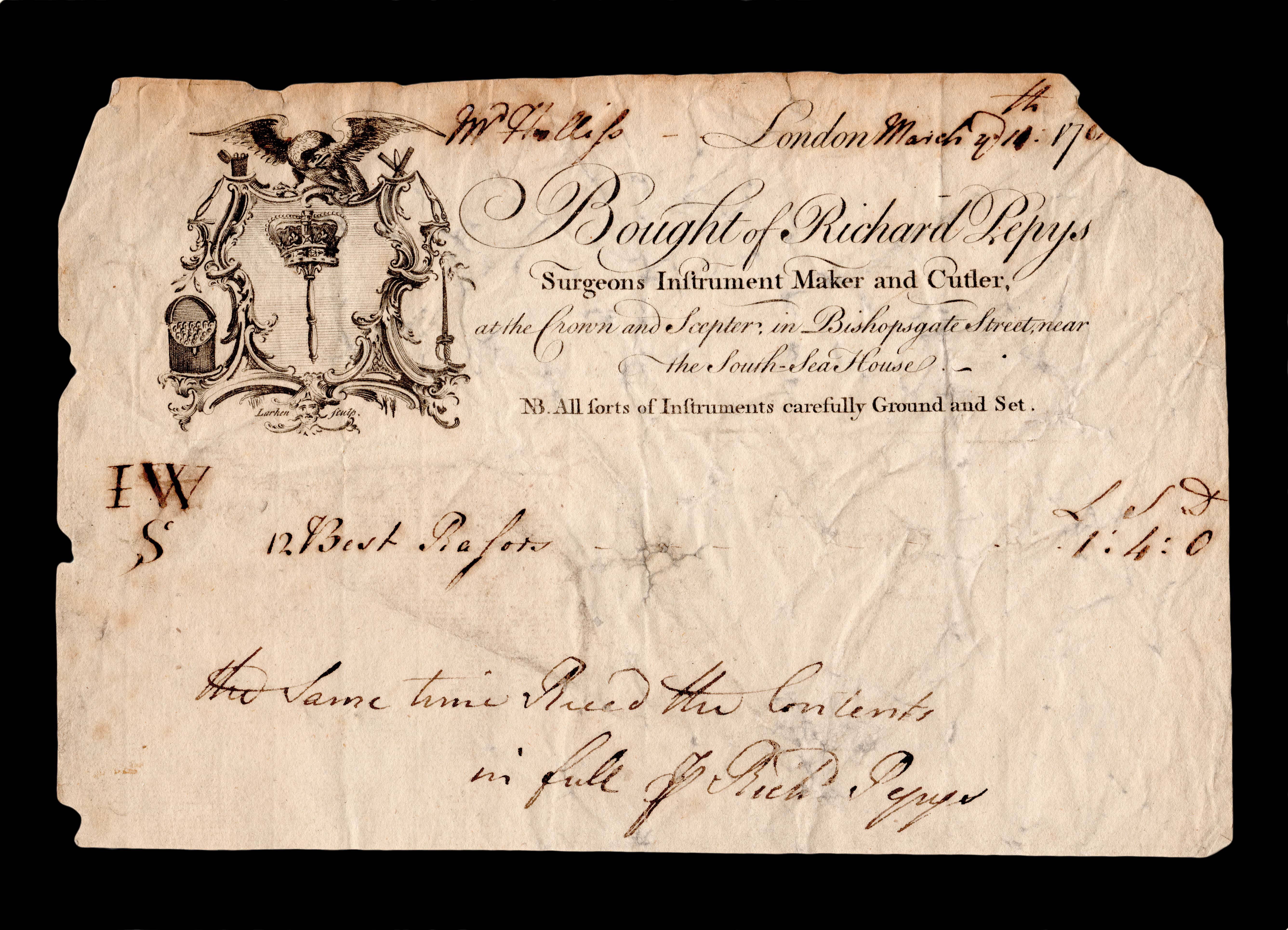 PEPYS, Richard; and James LARKEN Bought of Richard Pepys Surgeons Instrument Maker and Cutler...