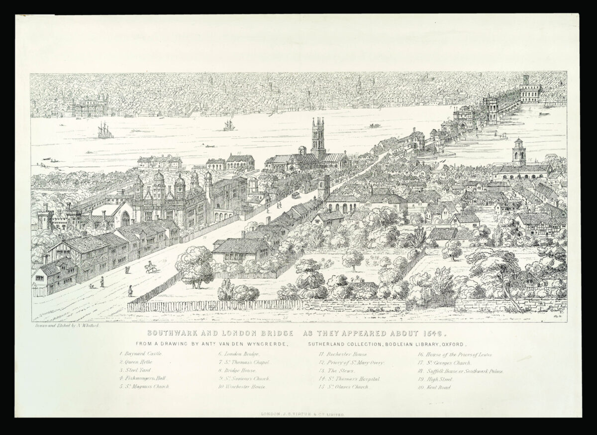 WHITTOCK, Nathaniel; after WYNGRERDE, Antonis van den Southwark and London  Bridge as they appeared in about 1546.