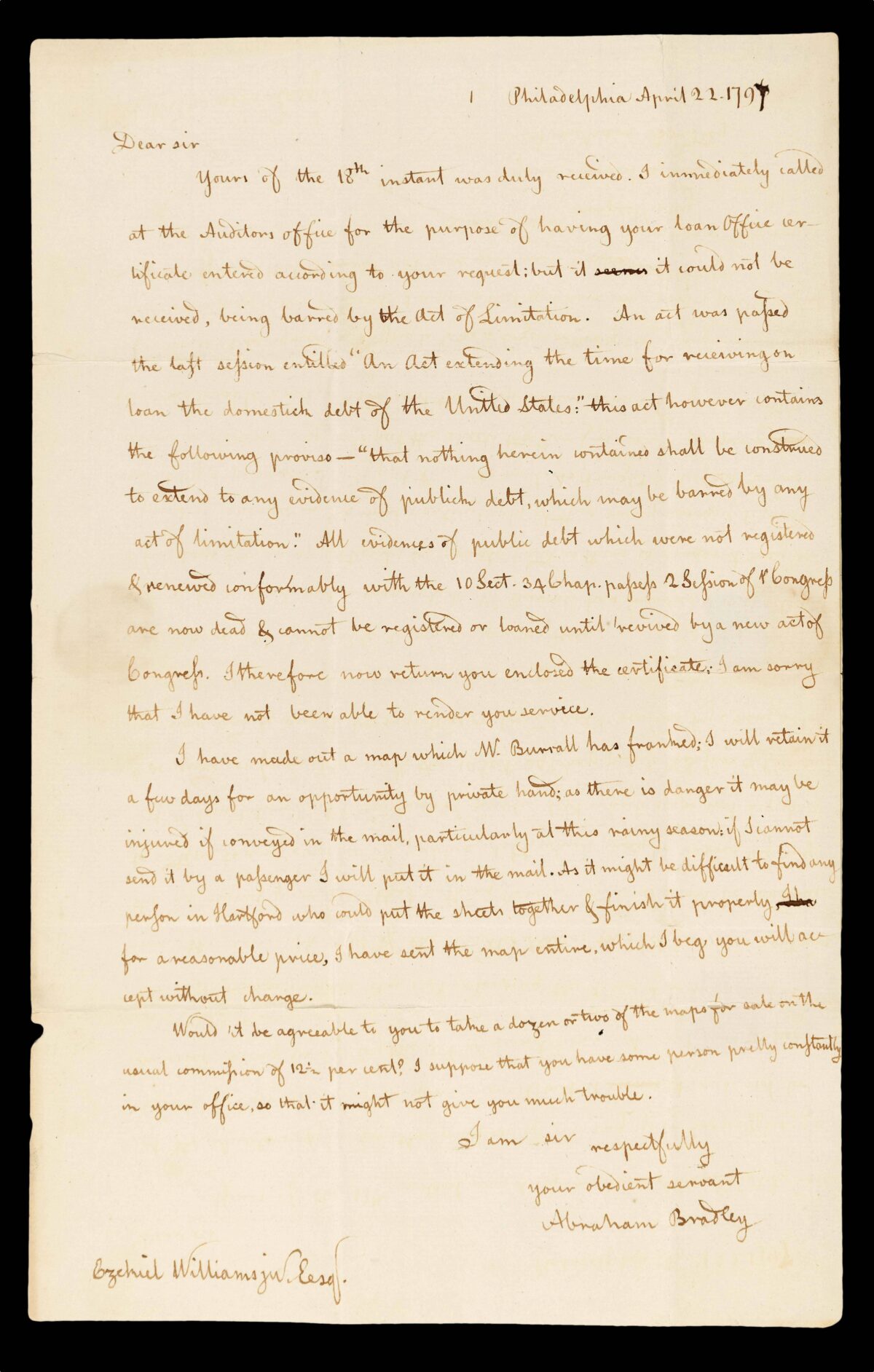 BRADLEY, Abraham [Autograph letter to Ezekiel Williams Jr.]