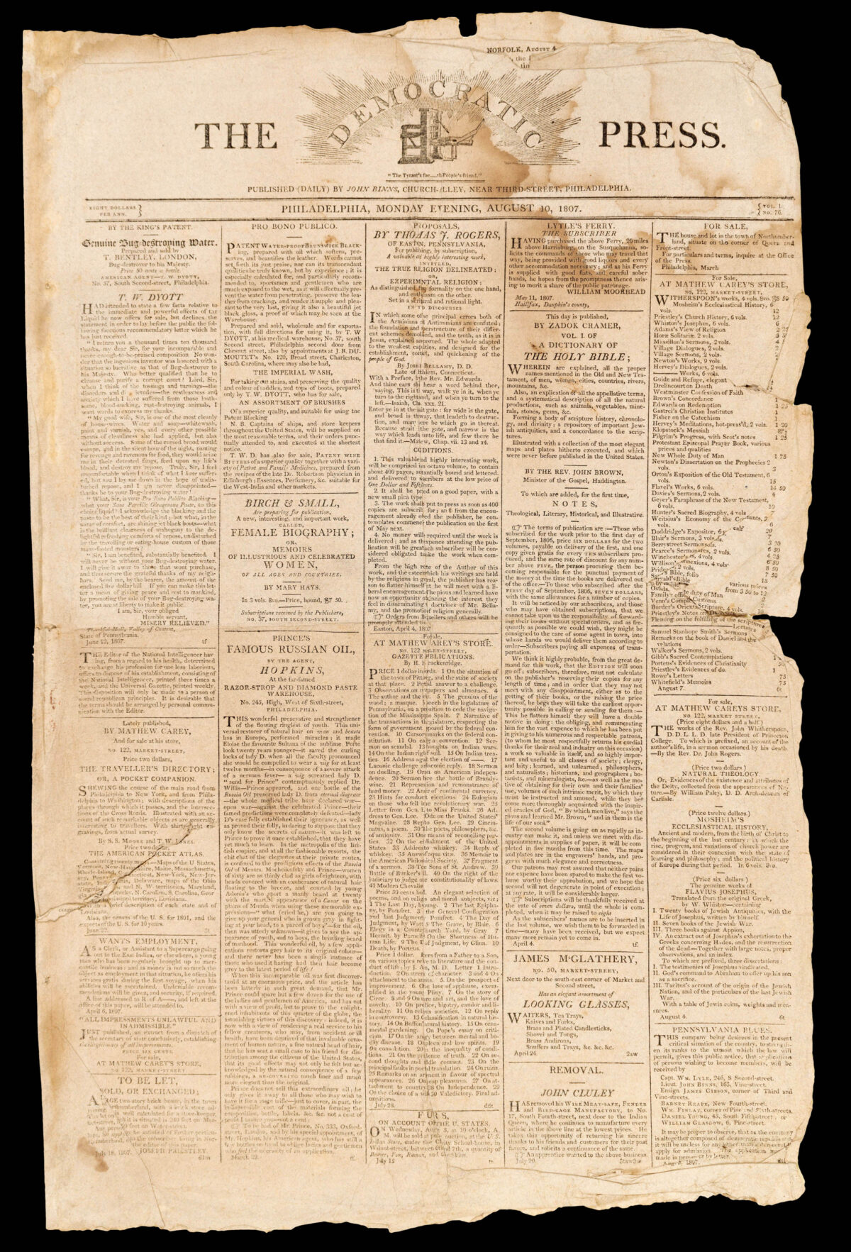 LEWIS, Meriwether; and William CLARK Prospectus of Lewis and Clark's Tour to the Pacific Ocean, through the Interior of the Continent of North America.