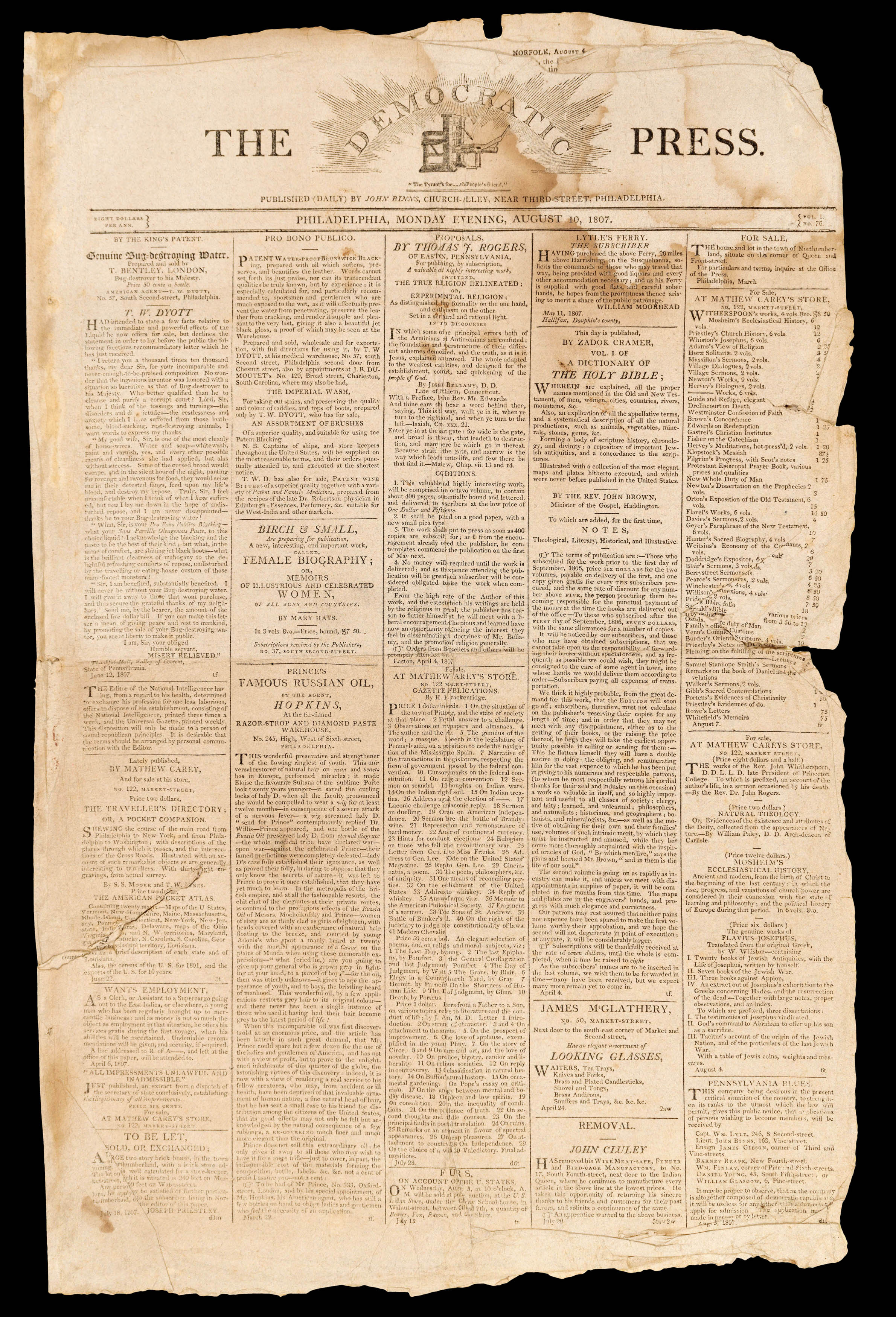 LEWIS, Meriwether; and William CLARK Prospectus of Lewis and Clark's Tour to the Pacific Ocean, through the Interior of the Continent of North America.