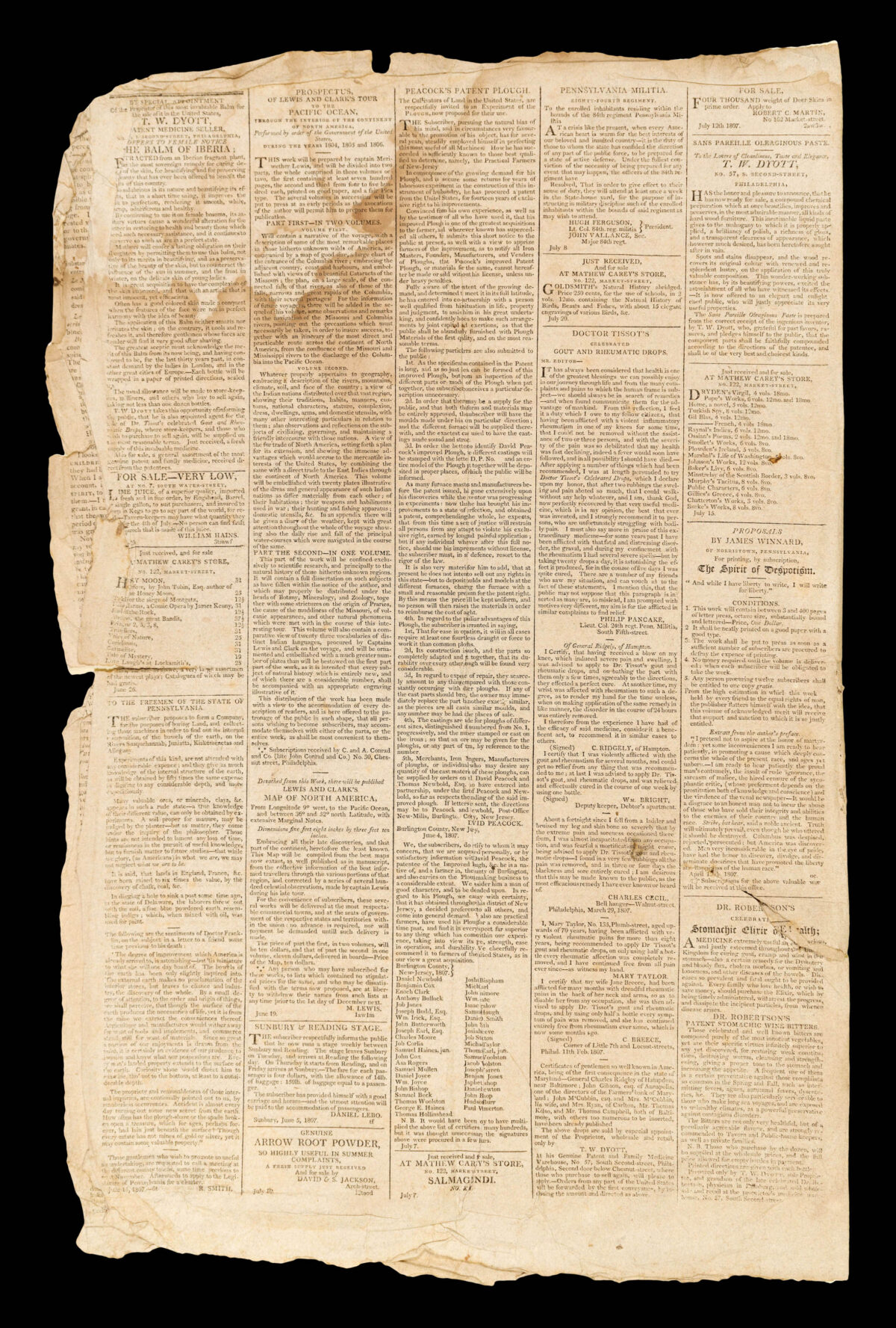 LEWIS, Meriwether; and William CLARK Prospectus of Lewis and Clark's Tour to the Pacific Ocean, through the Interior of the Continent of North America.