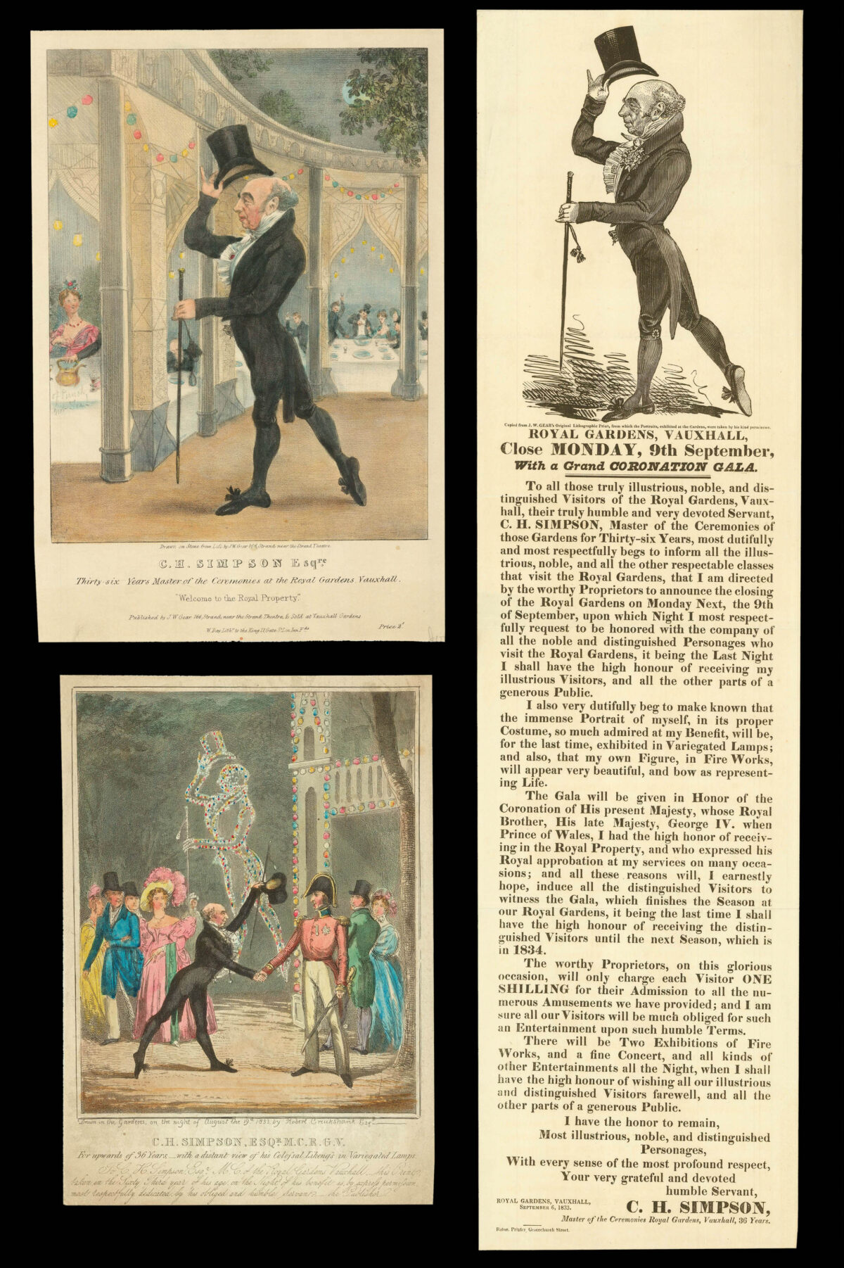 SIMPSON, Christopher Herbert; John William GEAR; and Robert CRUIKSHANK [C.H. Simpson, Master of Ceremonies, Vauxhall Gardens].