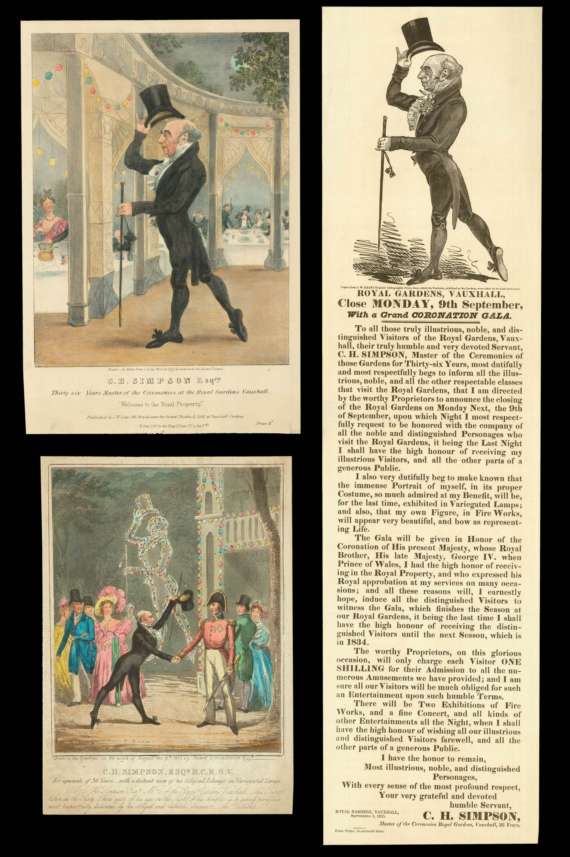 SIMPSON, Christopher Herbert; John William GEAR; and Robert CRUIKSHANK [C.H. Simpson, Master of Ceremonies, Vauxhall Gardens].