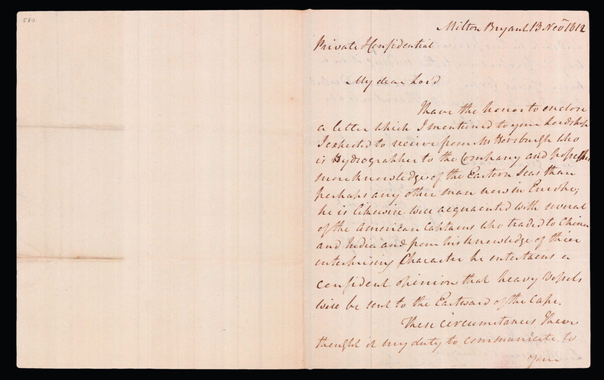 HORSBURGH, James and INGLIS Sir Hugh [Two autograph letters concerning the East India Company and the War of 1812].