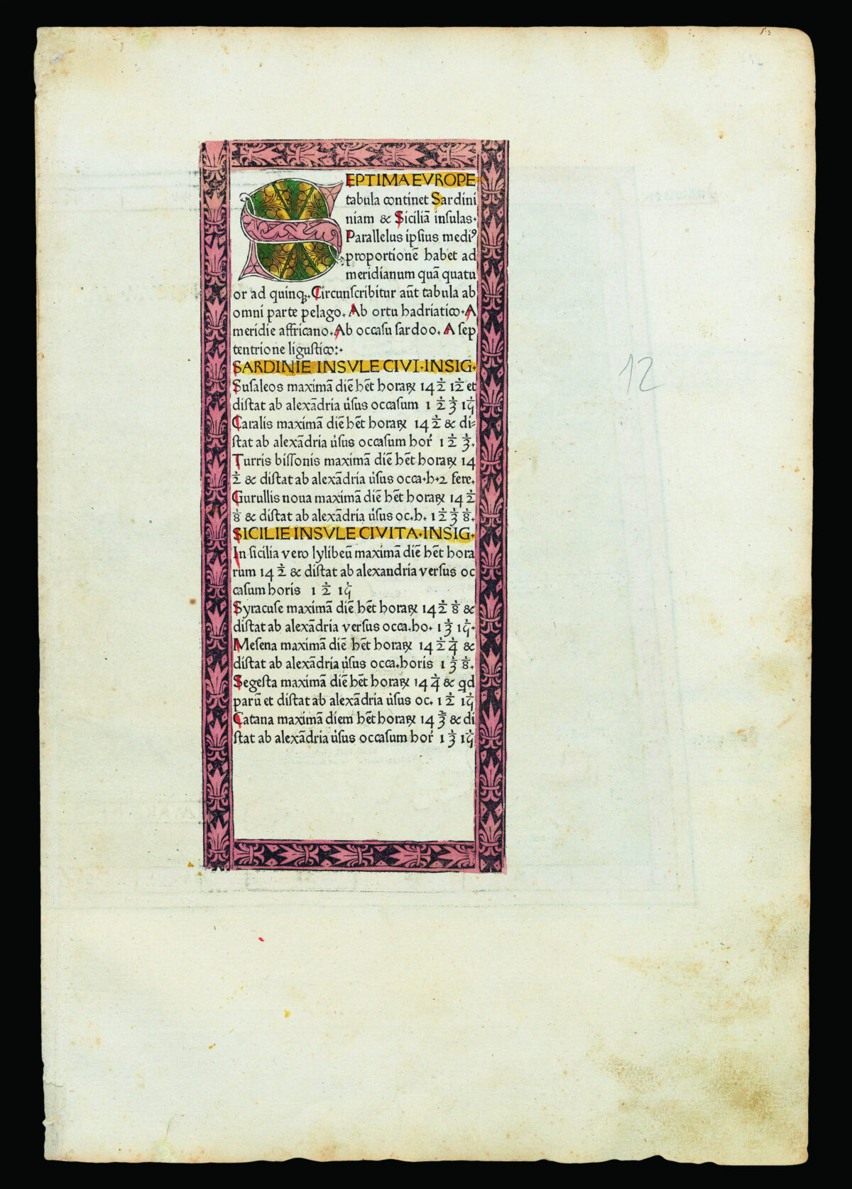 PTOLEMAEUS, Claudius [translated by ANGELUS, Jacobus, edited by GERMANUS, Nicolaus] [Sardinia and Sicily] Septima Europe tabula