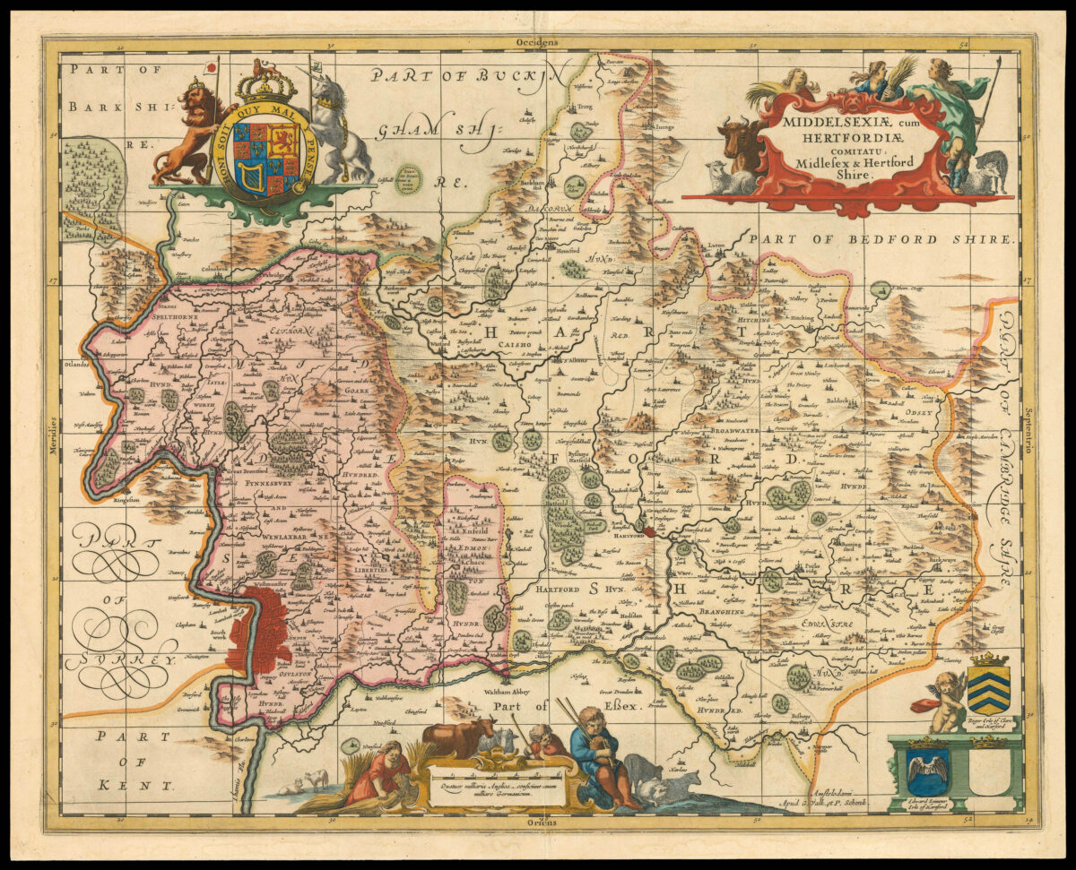 JANSSONIUS, Johannes [Middlesex and Hertfordshire] Middelsexiae cum Hertfordiae comitatu Midlesex & Hertford Shire.