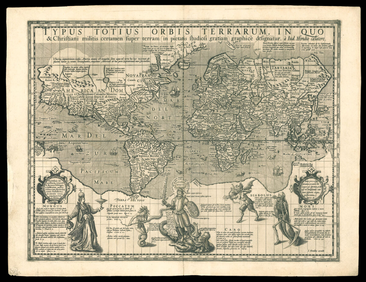 HONDIUS, Jodocus Typus Totius Orbis Terrarum, In Quo & Christiani militis certamen super terram (in pietatis studiosi gratiam) graphice designatur. a Iud. Hondio caelatore.