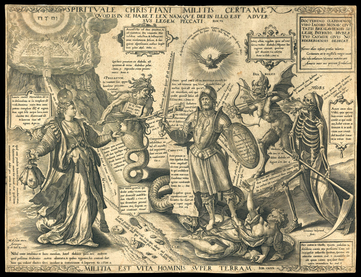 HONDIUS, Jodocus Typus Totius Orbis Terrarum, In Quo & Christiani militis certamen super terram (in pietatis studiosi gratiam) graphice designatur. a Iud. Hondio caelatore.