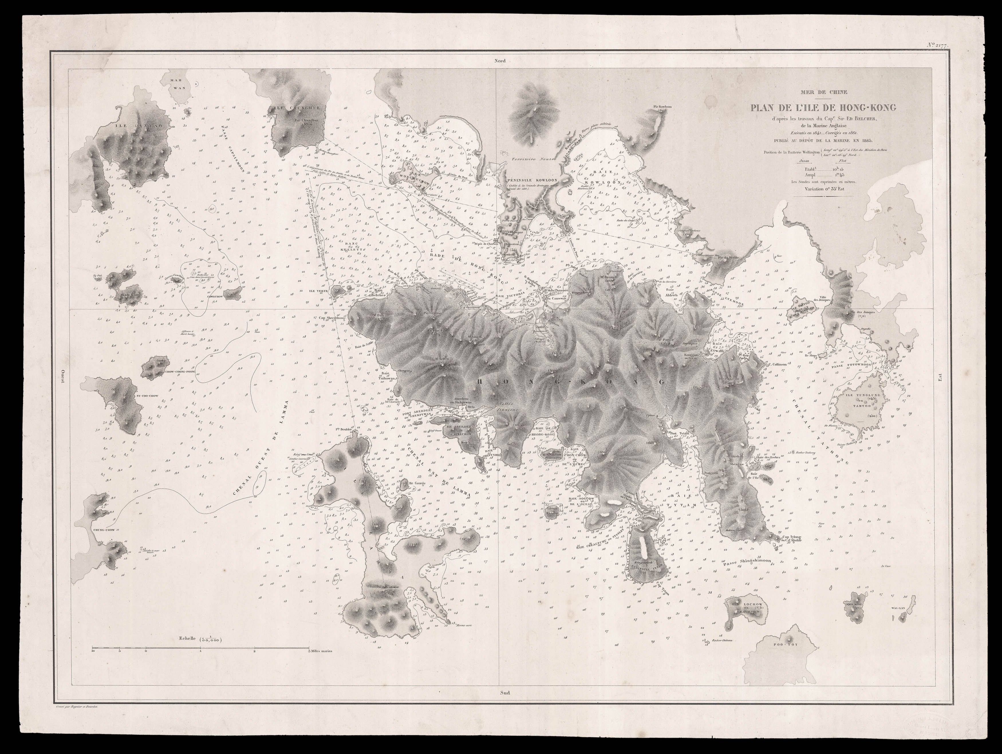 BELCHER, Admiral Sir Edward Mer de Chine. Plan de L'ile de Hong-Kong d'après les travaux du Cape Sir Ed. Belcher de la Marine Anglais