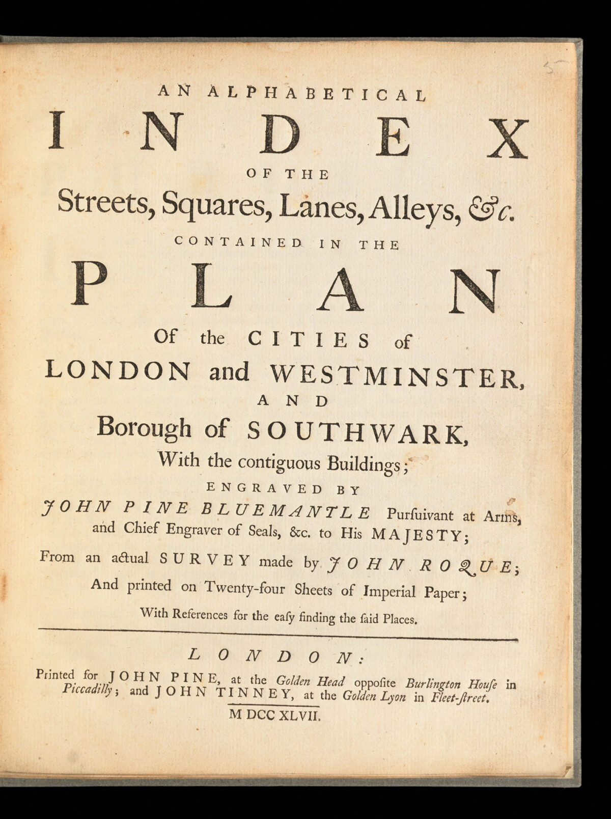 ROCQUE, John An Alphabetical Index of the Streets, Squares, Lanes, Alleys, &c. contained in the Plan of the Cities of London and Westminster,