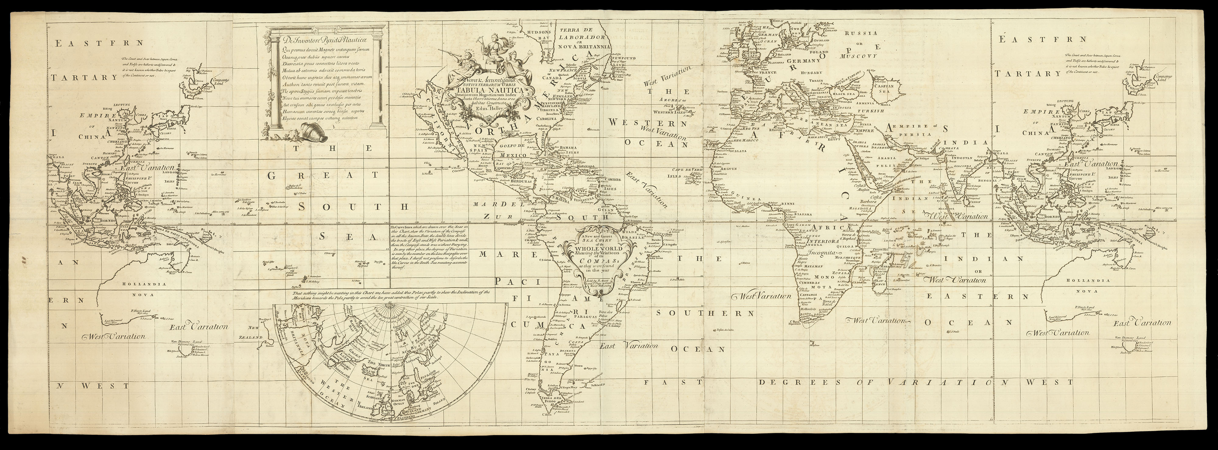 HALLEY, Edmond A New and Correct Sea Chart of the Whole World shewing the Variations of the Compass
