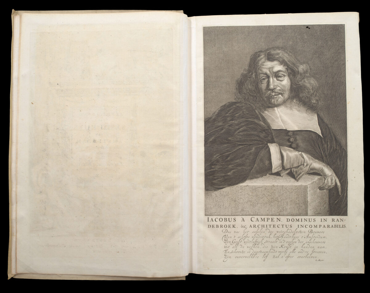 CAMPEN, Jacob van; QUELLINUS, Hubertus Afbeelding van't Stadt Huys van Amsterdam [bound with:] Het eerste deel van de voornaemste Statuen ende Ciraten, vant konstrijck Stadhuys van Amstelredam, tmeeste in marmer gemaeckt, door Artus Quellinus, beelthouwer der voorseyde Stadt.