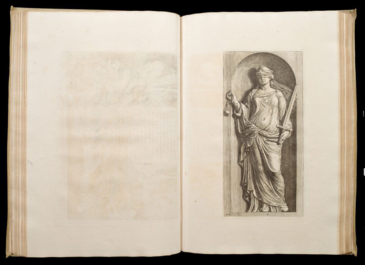 CAMPEN, Jacob van; QUELLINUS, Hubertus Afbeelding van't Stadt Huys van Amsterdam [bound with:] Het eerste deel van de voornaemste Statuen ende Ciraten, vant konstrijck Stadhuys van Amstelredam, tmeeste in marmer gemaeckt, door Artus Quellinus, beelthouwer der voorseyde Stadt.