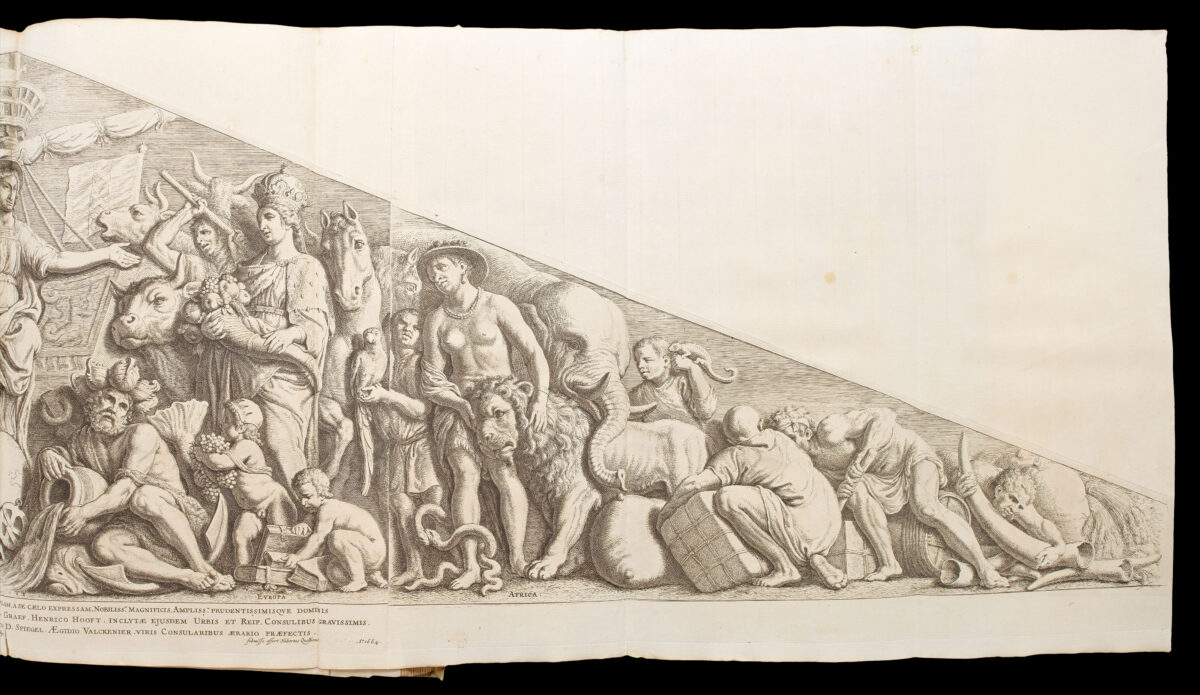 CAMPEN, Jacob van; QUELLINUS, Hubertus Afbeelding van't Stadt Huys van Amsterdam [bound with:] Het eerste deel van de voornaemste Statuen ende Ciraten, vant konstrijck Stadhuys van Amstelredam, tmeeste in marmer gemaeckt, door Artus Quellinus, beelthouwer der voorseyde Stadt.