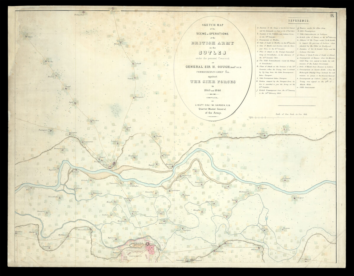 BAKER, Captain [William Erskine]; Lieutenant [Richard] STRACHEY; Lieutenant HODGSON; Brigadier Edward SMITH; Lieutenant Colonel W[illiam] GARDEN [1] Plan of the Battle of Sobraon fought on the 10th Feby 1846 by the British Army under the personal command of Genl. Sir Hugh Gough, Bt., GCB, Comr. in Chief, with the Sikh Forces entrenched on the Sutledge;