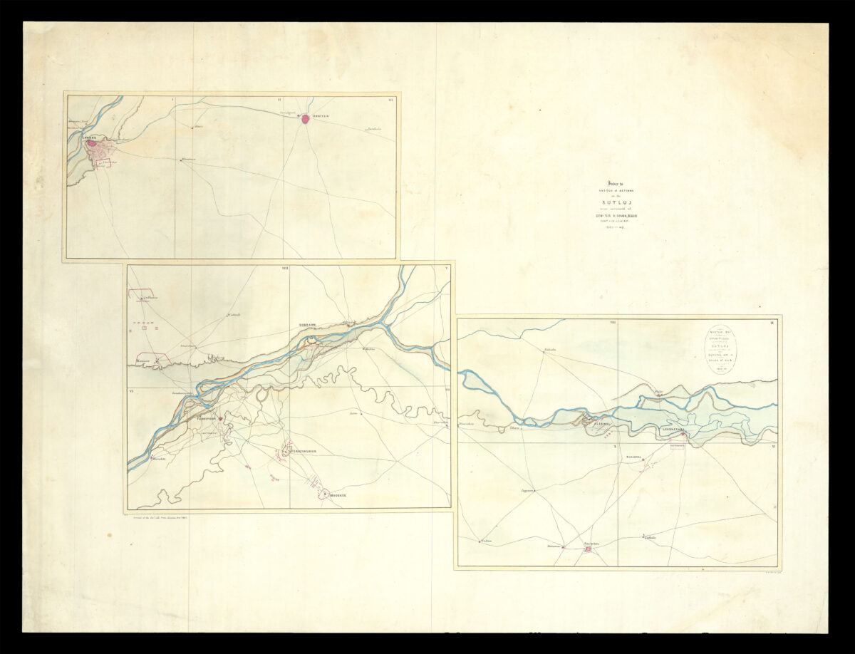 BAKER, Captain [William Erskine]; Lieutenant [Richard] STRACHEY; Lieutenant HODGSON; Brigadier Edward SMITH; Lieutenant Colonel W[illiam] GARDEN [1] Plan of the Battle of Sobraon fought on the 10th Feby 1846 by the British Army under the personal command of Genl. Sir Hugh Gough, Bt., GCB, Comr. in Chief, with the Sikh Forces entrenched on the Sutledge;
