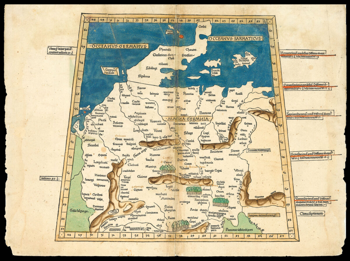 PTOLEMAEUS, Claudius [translated by ANGELUS, Jacobus, edited by GERMANUS, Nicolaus] Quarta Europe Tabula.
