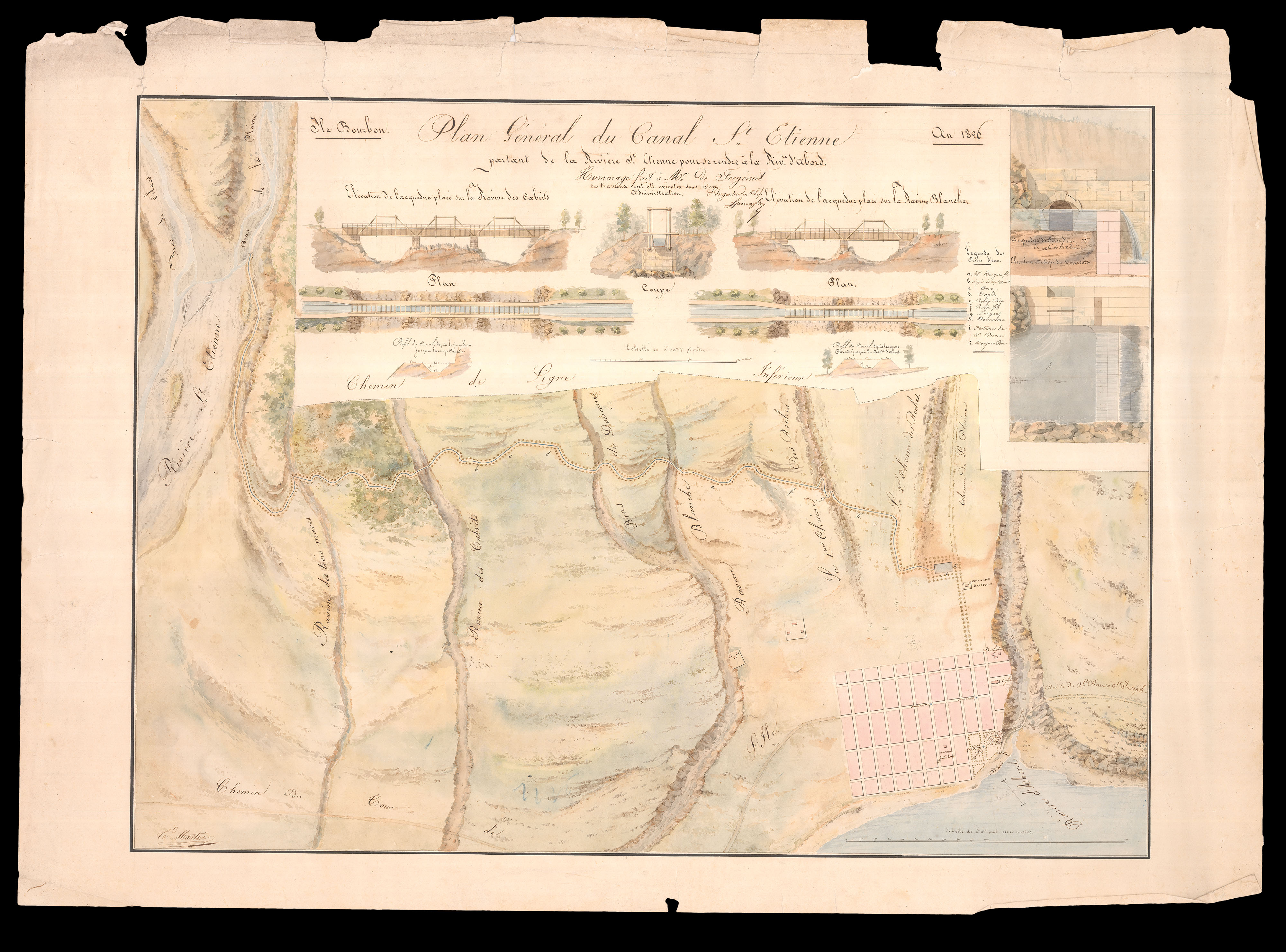FREYCINET, Louis Henri de Saulces de; and C.d MARTIN Ile Bourbon. Plan General du Canal St Etienne