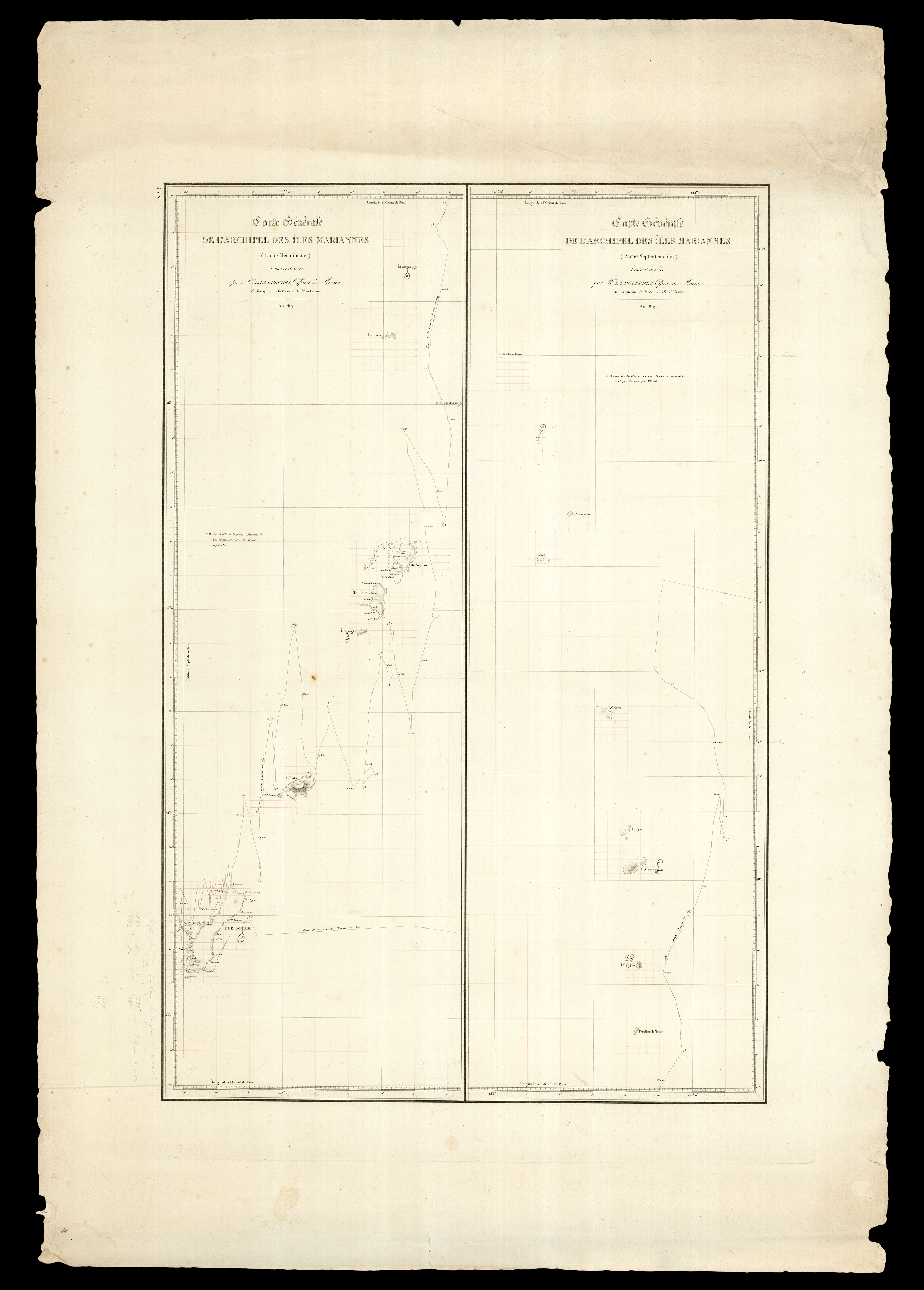 FREYCINET, Louis Claude de Saulces de; and Louis IsidorDUPERREY Carte Generale de l'Archipel des îles Mariannes (Partie Méridionale) - Carte Générale de l'Archipel des Îles Mariannes (Partie Septentrionale)