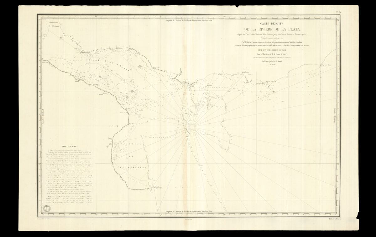LEBOURGUIGNON-DUPERRE,Gabriel-Cyprien; and CaptainBARRAL Carte Reduite de la Riviere de la Plata depuis les Caps Sainte Marie et Saint Antonine jusqu'aux iles de hornos et Buenos Aires.