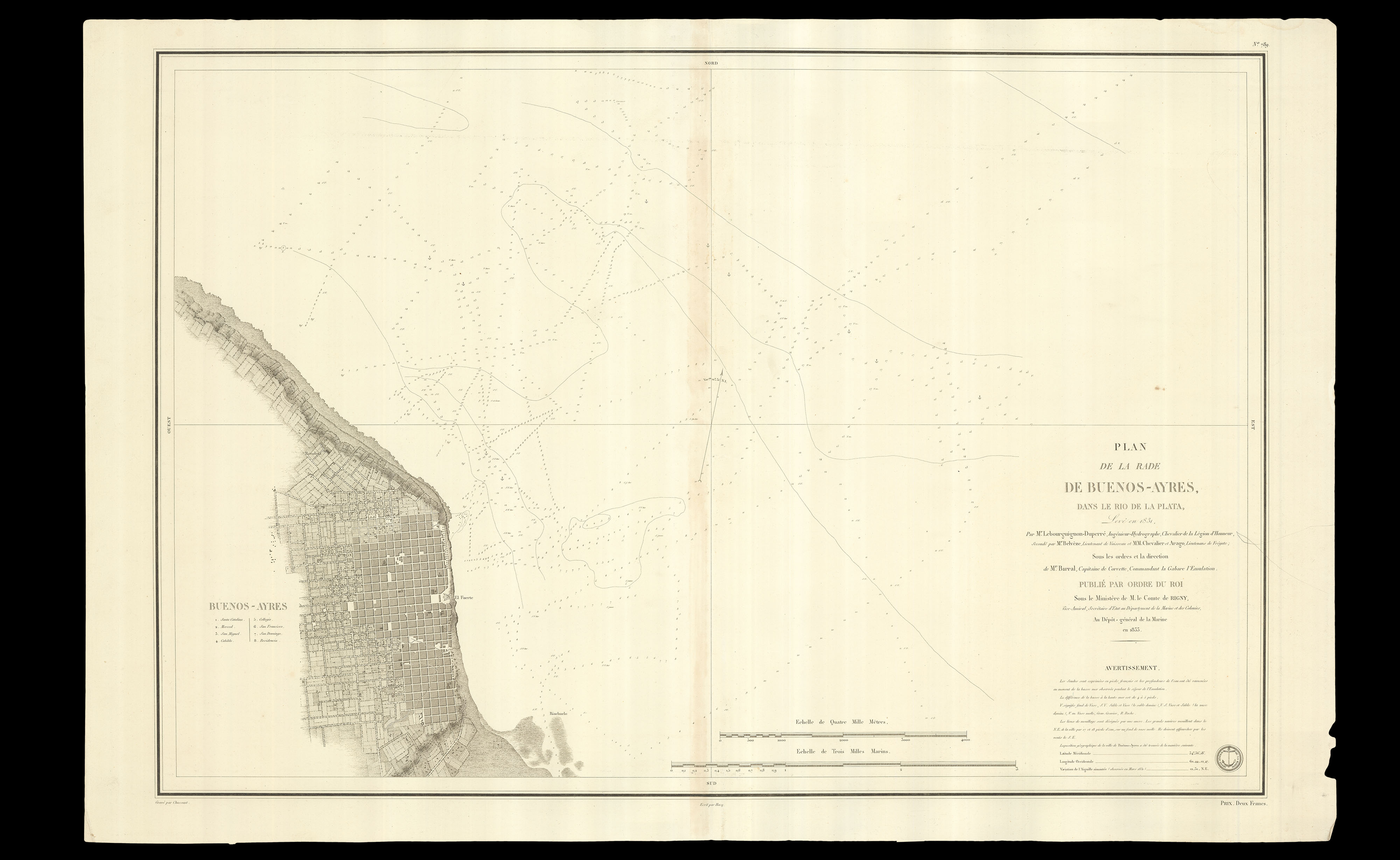 LEBOURGUIGNON-DUPERRE, Gabriel-Cyprien; ARAGO, Jacques Étienne Victor Plan de la Rade de Buenos-Ayres dans le Rio de la Plata, levé en 1831.