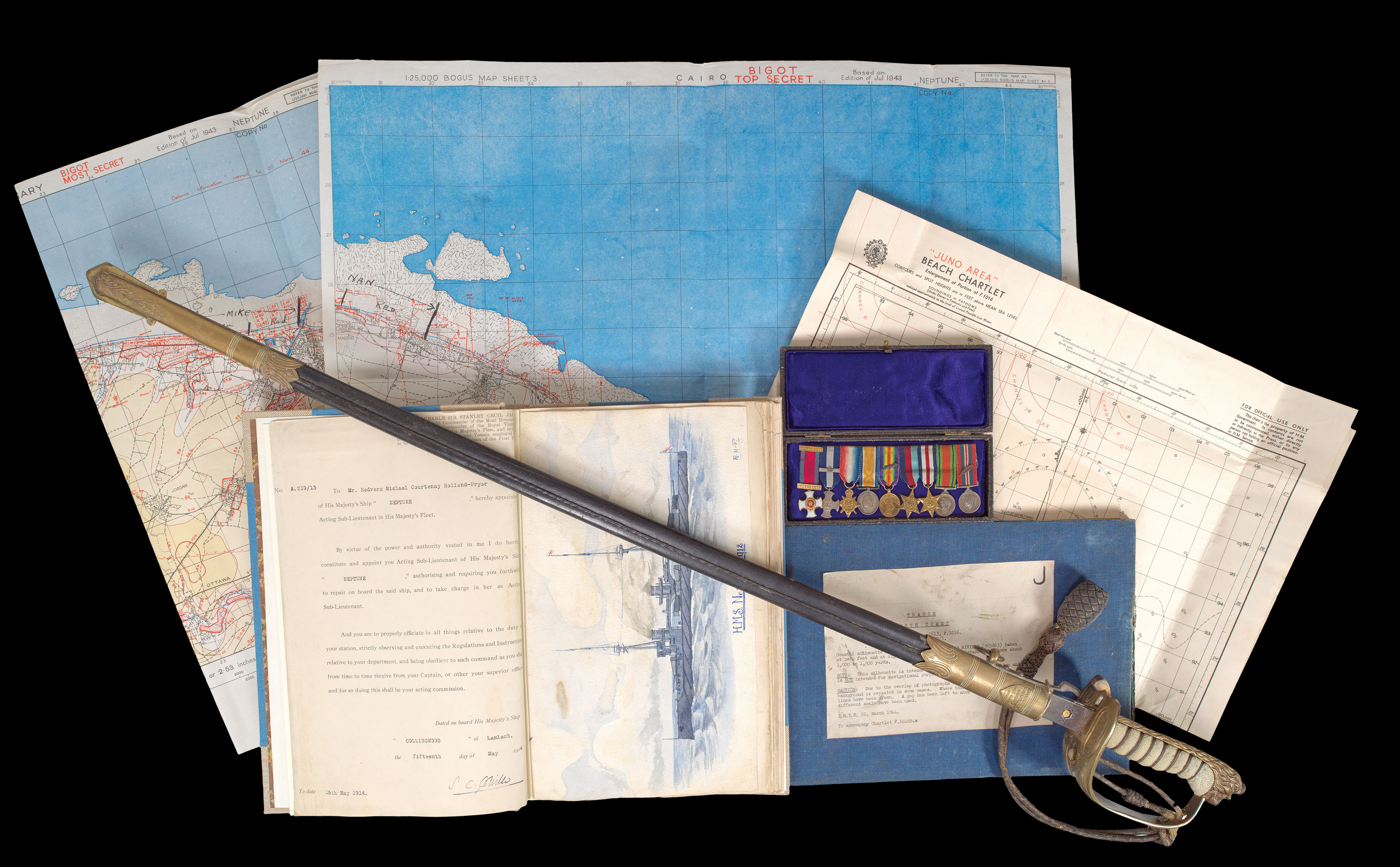 PRYOR, Commando Redevers Michael [D-Day Bigot Maps and other personal effects of Commando Redevers Michael Pryor].