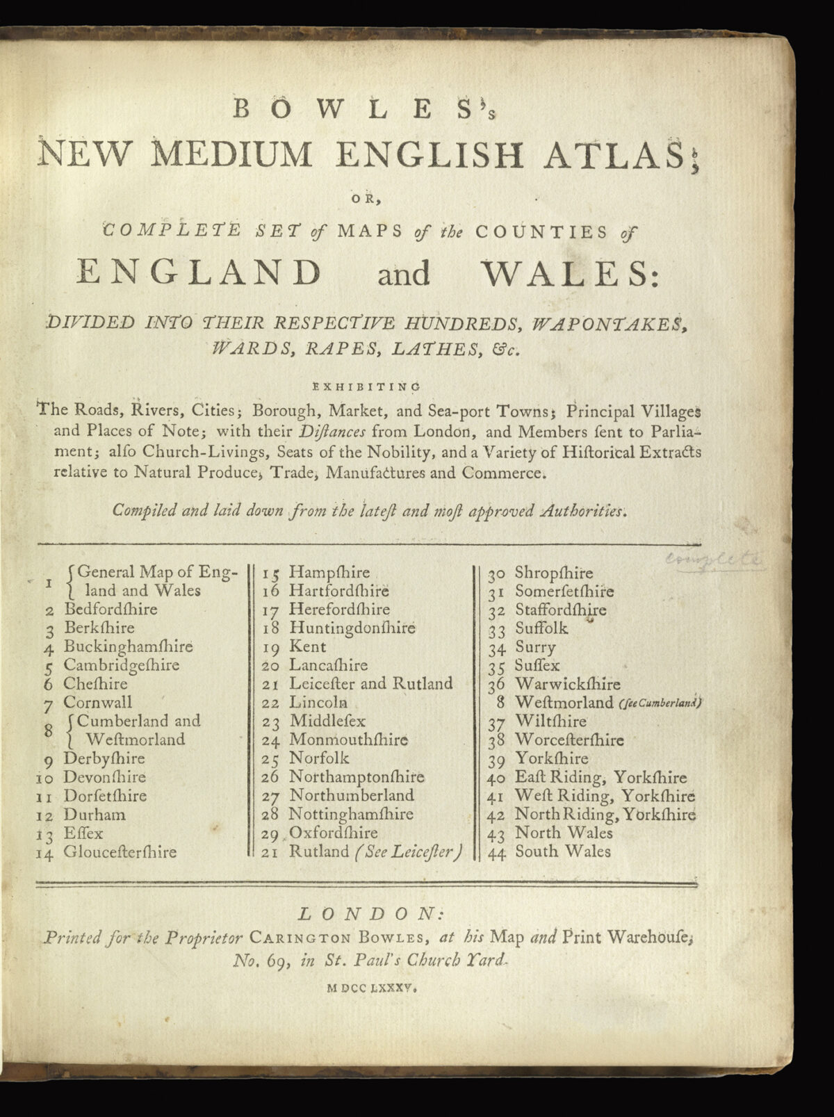 BOWEN, Emanuel and Thomas Bowles's New Medium English Atlas;