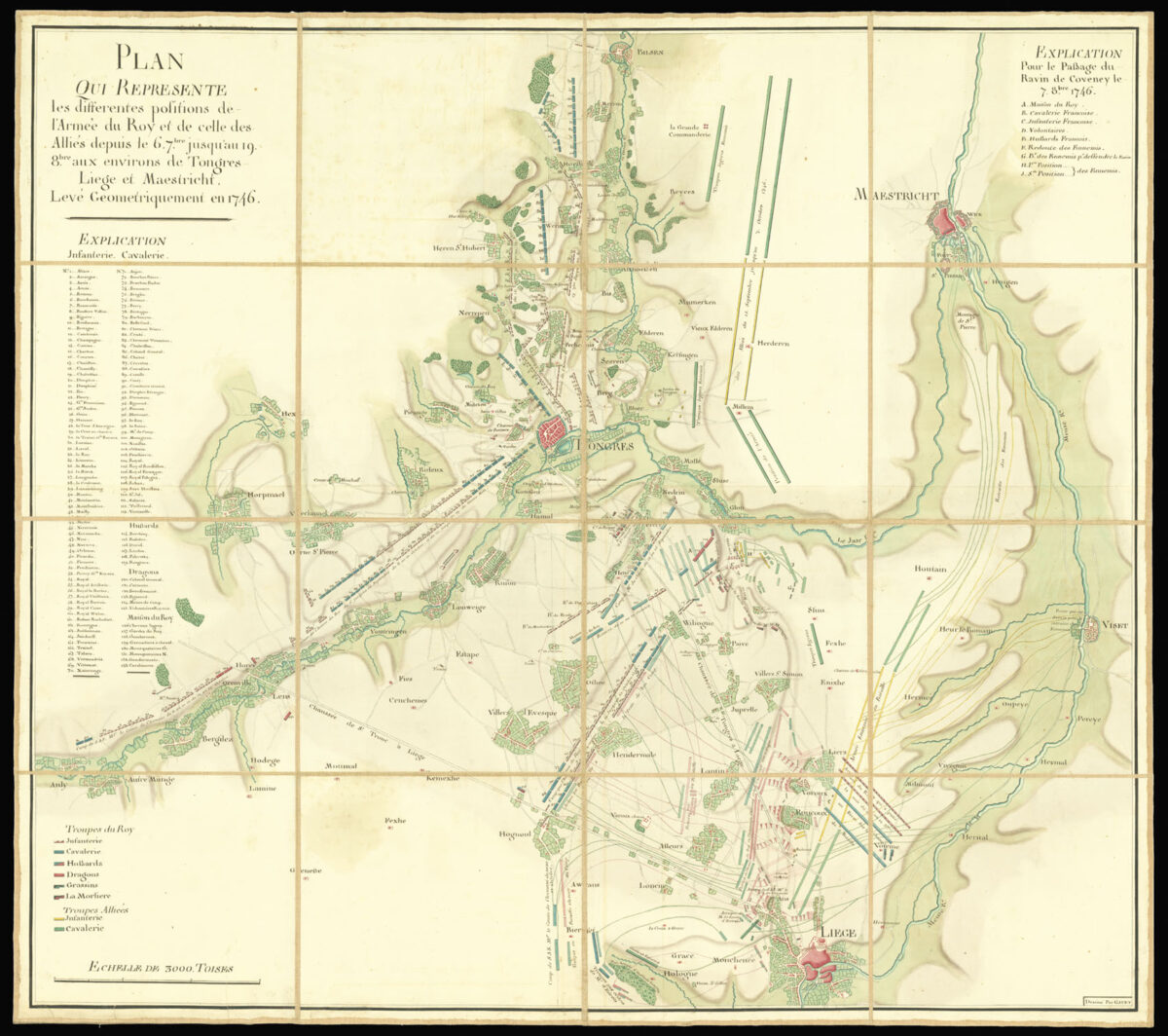 GAYET Plan qui represente les differentes positions de l'Armee du Roy et de celle des Allies depius le 6. 7.bre jusqu'au 19. 8bre aux environs de Tongres, Liege et Maestricht Leve Geometriquement en 1746.