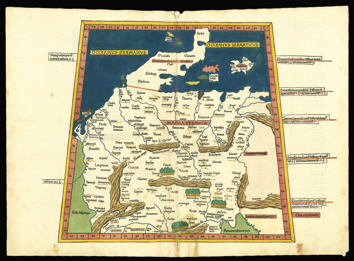 PTOLEMAEUS, Claudius [translated by ANGELUS, Jacobus, edited by GERMANUS, Nicolaus] Quarta Europe Tabula.