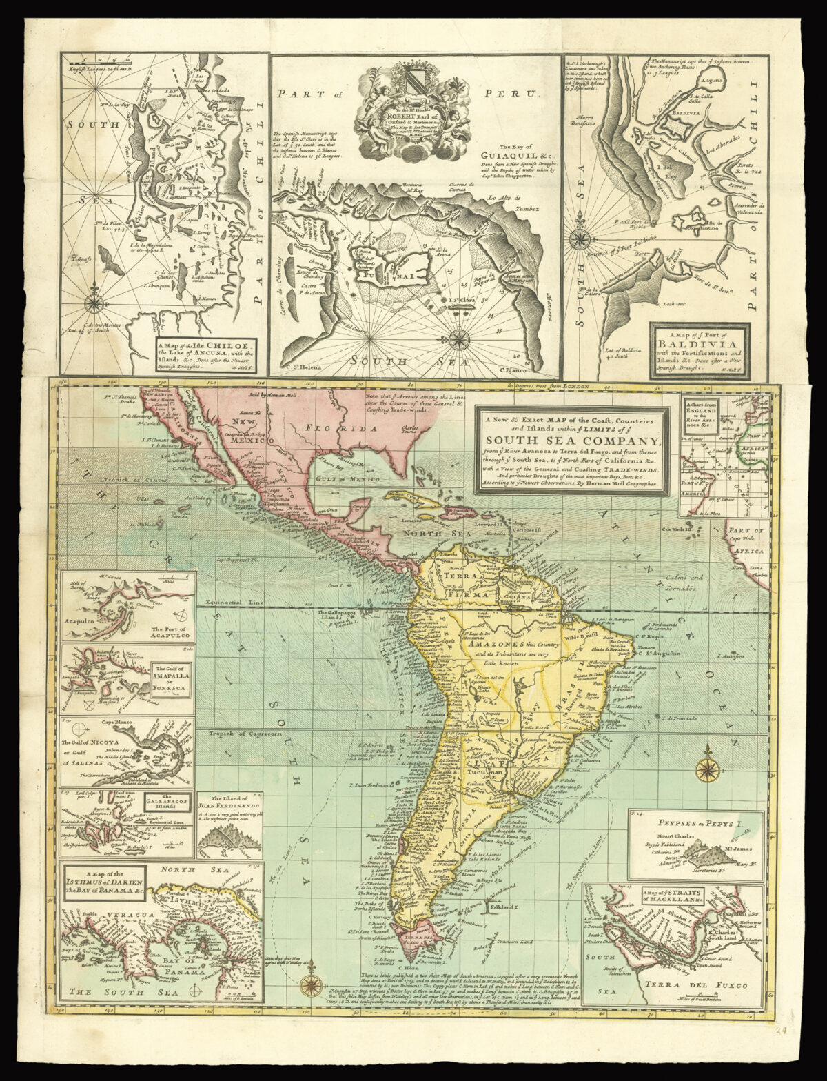 MOLL, Herman A New & Exact Map of the Coast, Countries and Islands within the Limits of ye South Sea Company...