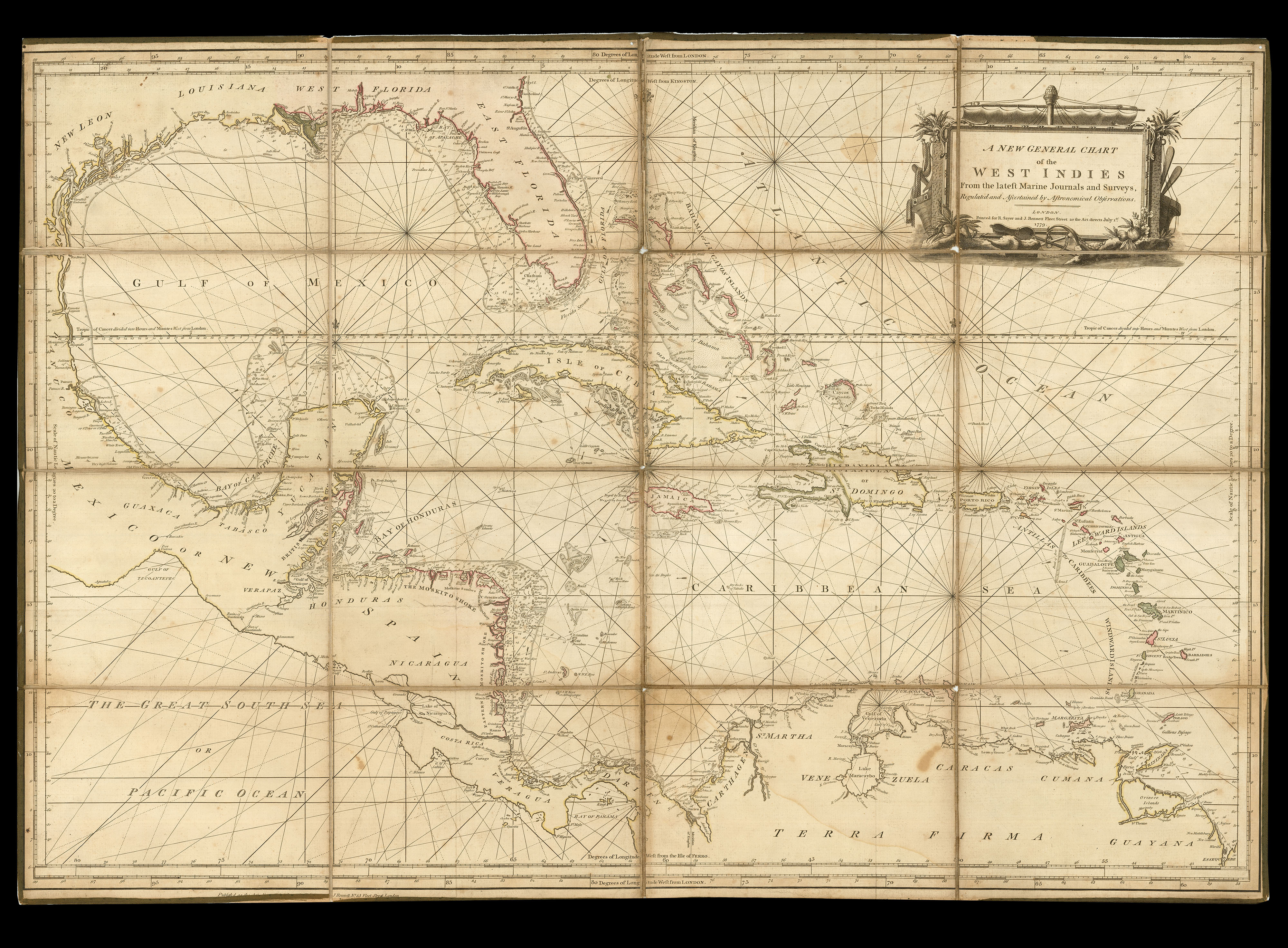 SAYER, Robert; and John BENNETT A New General Chart of the West Indies